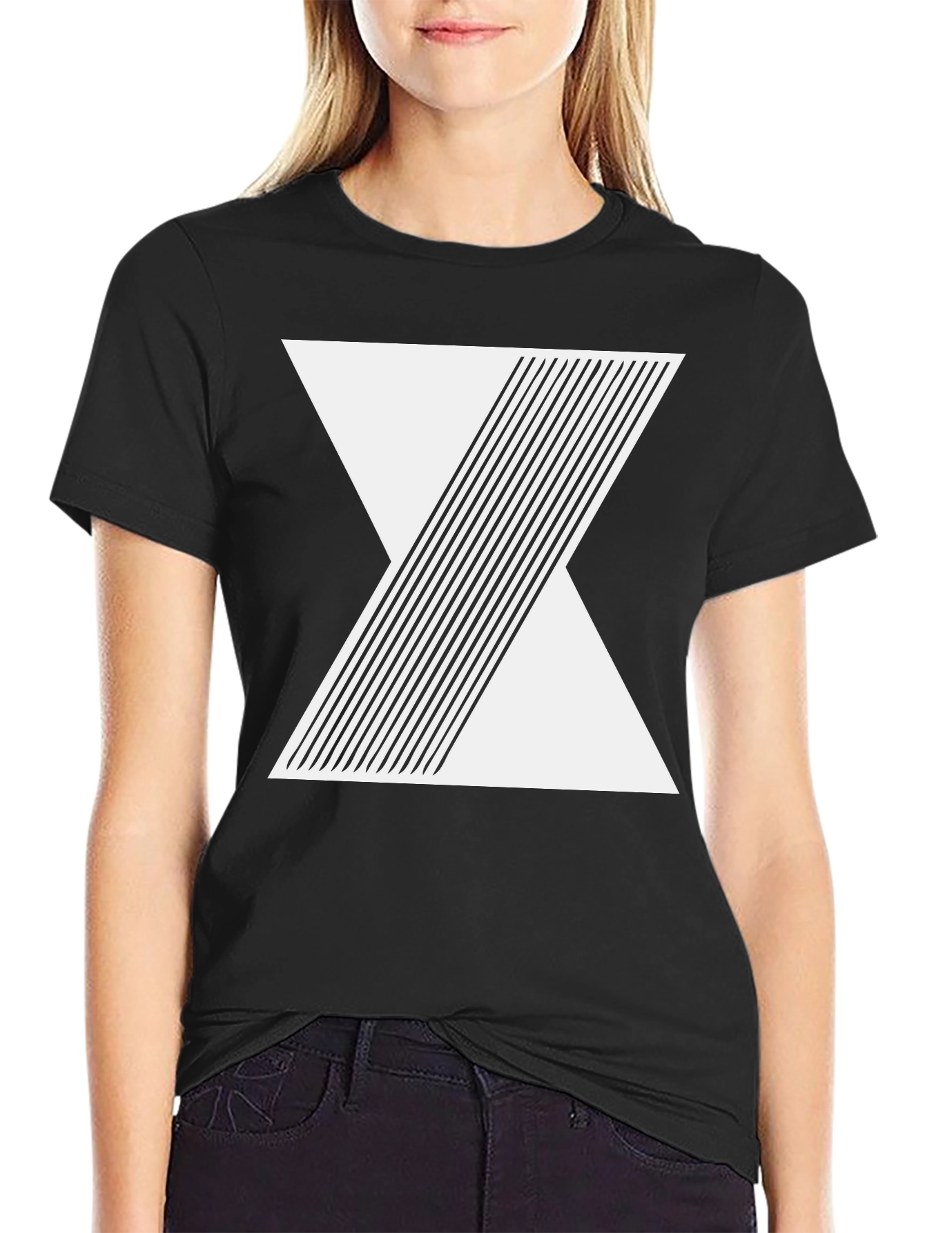 Black Geometric Line Design Black T-Shirt view 2