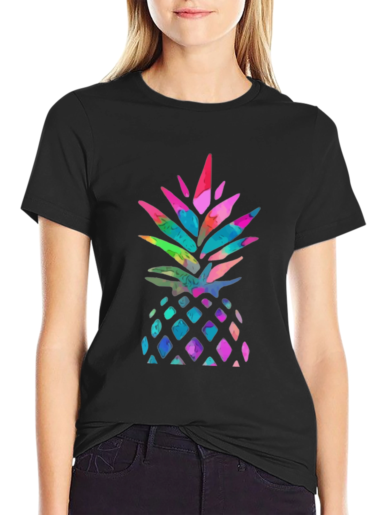 Black Watercolor Pineapple Graphic Black T-Shirt view 2