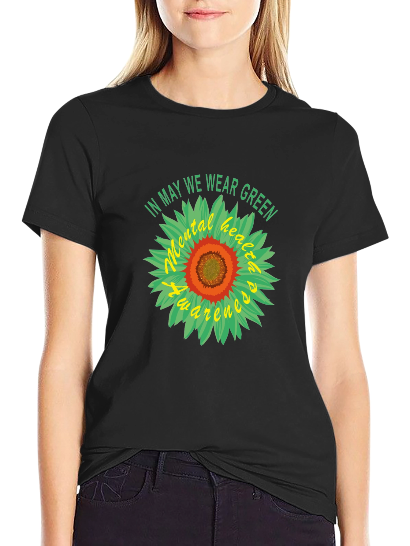 Black Mental Health Awareness Green Sunflower T-Shirt view 2