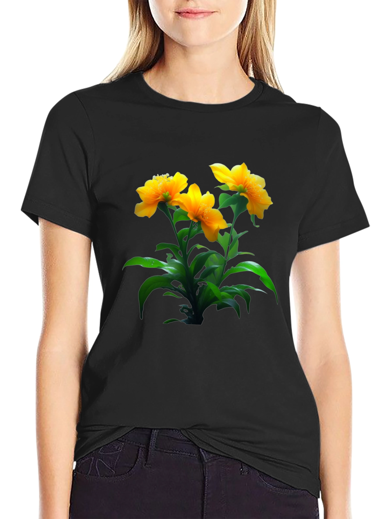 Black Floral Print Black T-Shirt view 2
