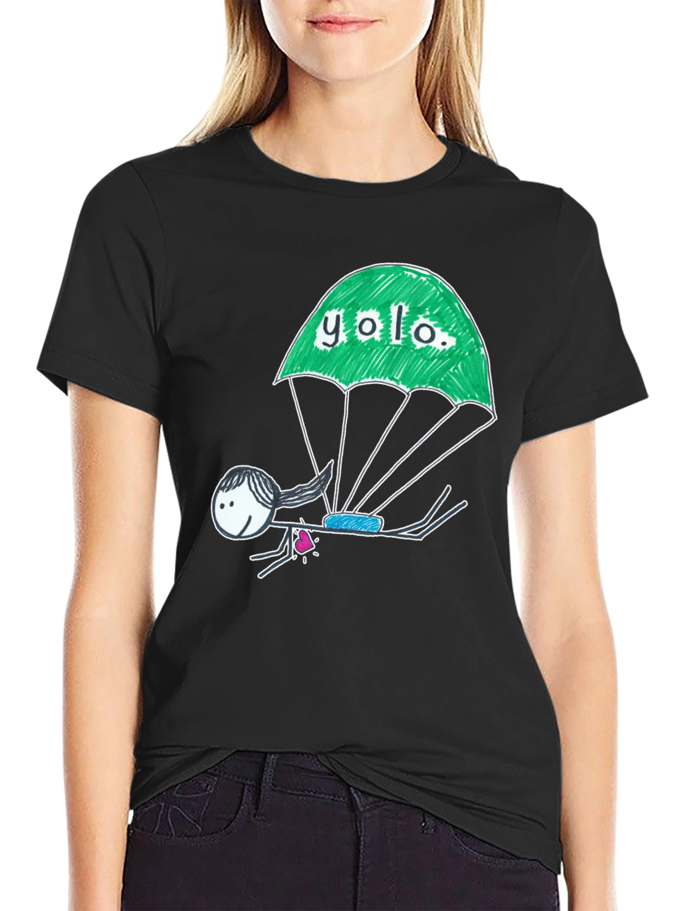 Black YOLO Parachute Graphic T-Shirt - Black Cotton Tee view 2