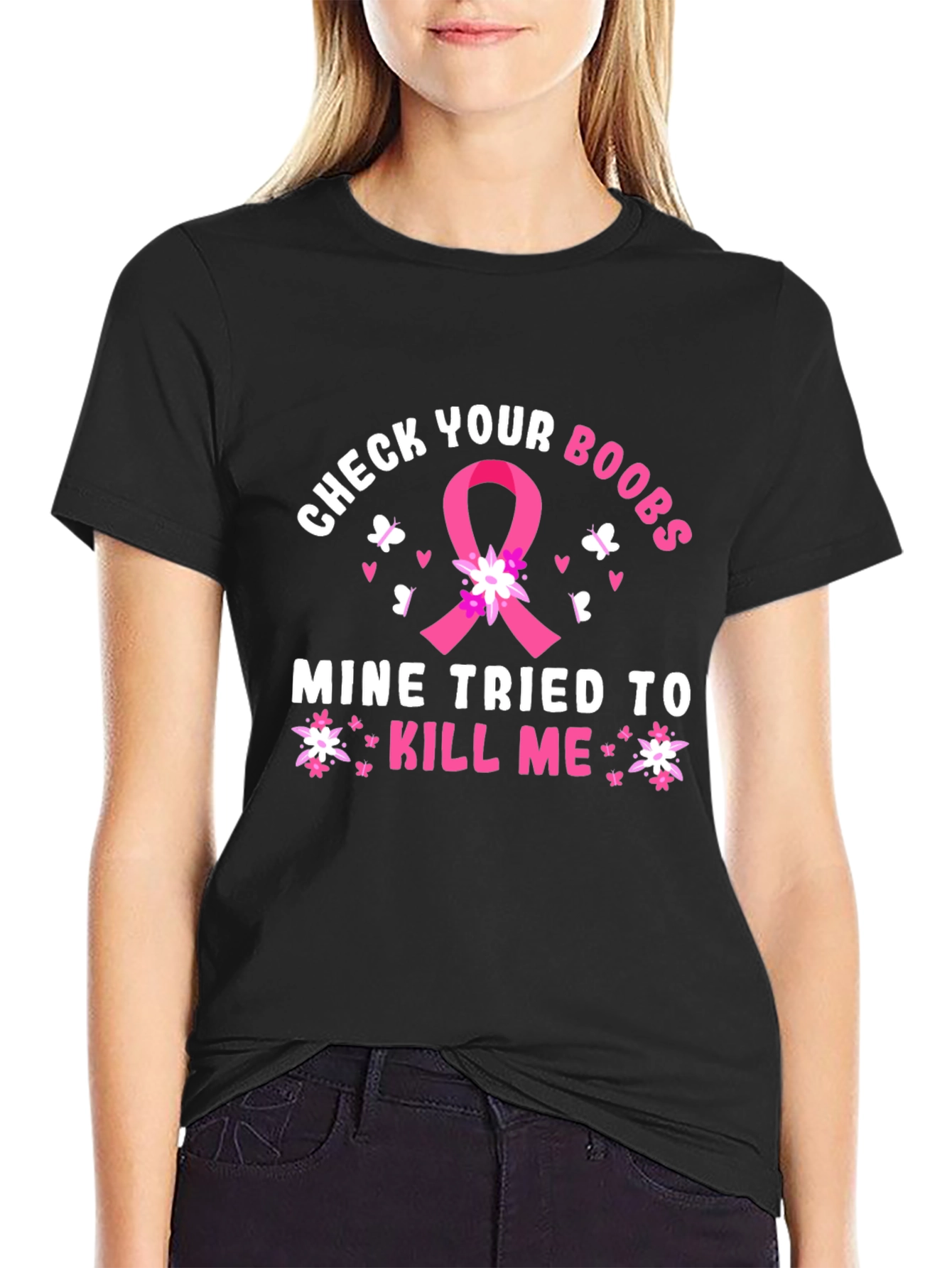Black Check Your Boobs Breast Cancer Awareness T-Shirt view 2