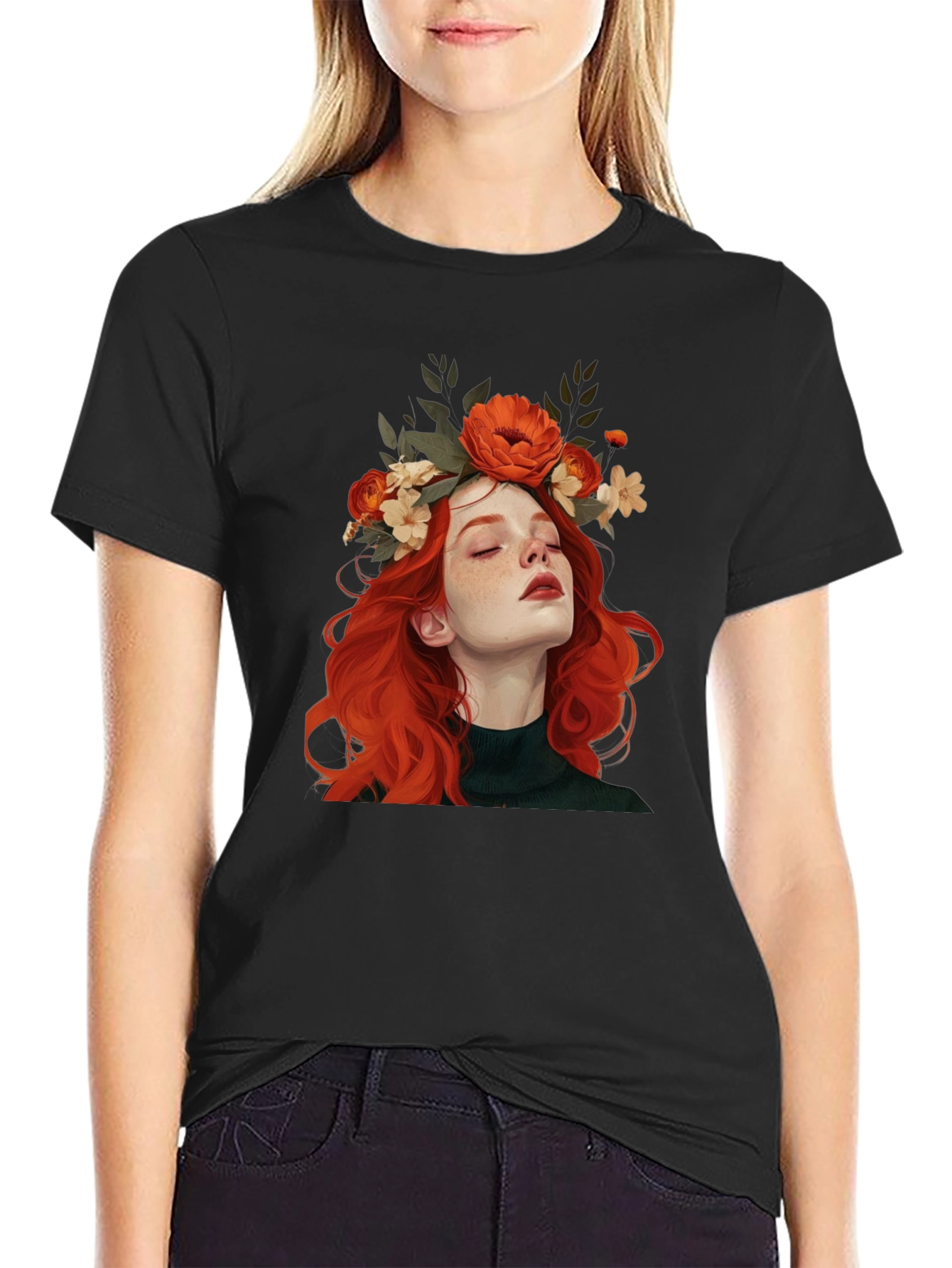 Black Floral Crown Woman Graphic Black T-Shirt view 2
