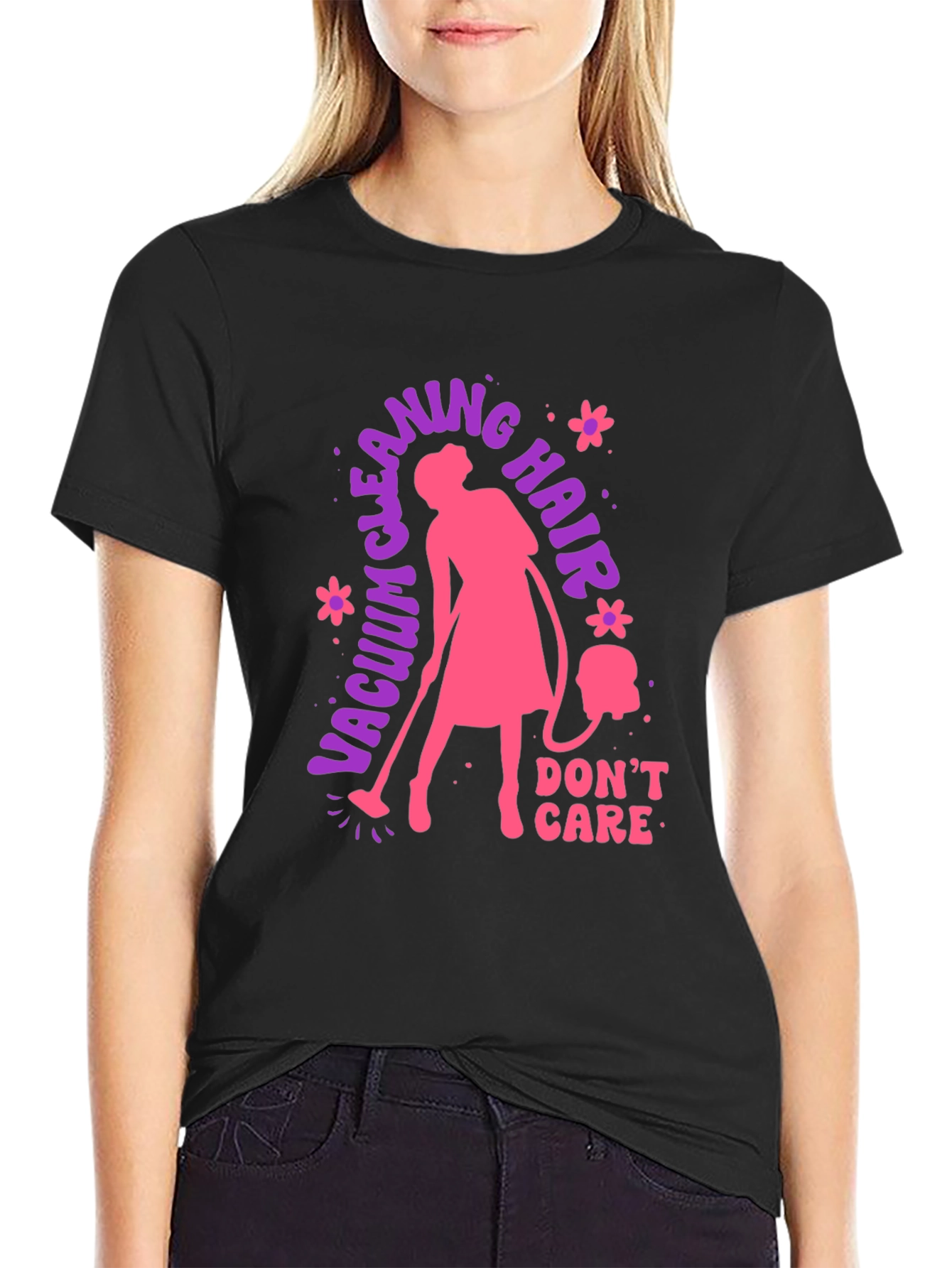 Black Vacuum Cleaning Hair Don't Care T-Shirt view 2