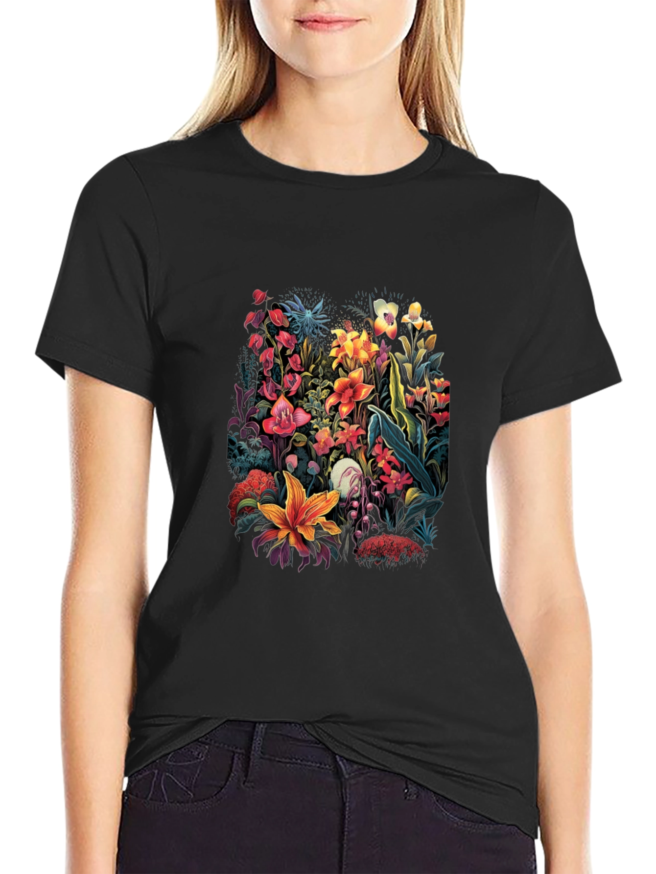 Black Floral Print T-Shirt - Botanical Design view 2