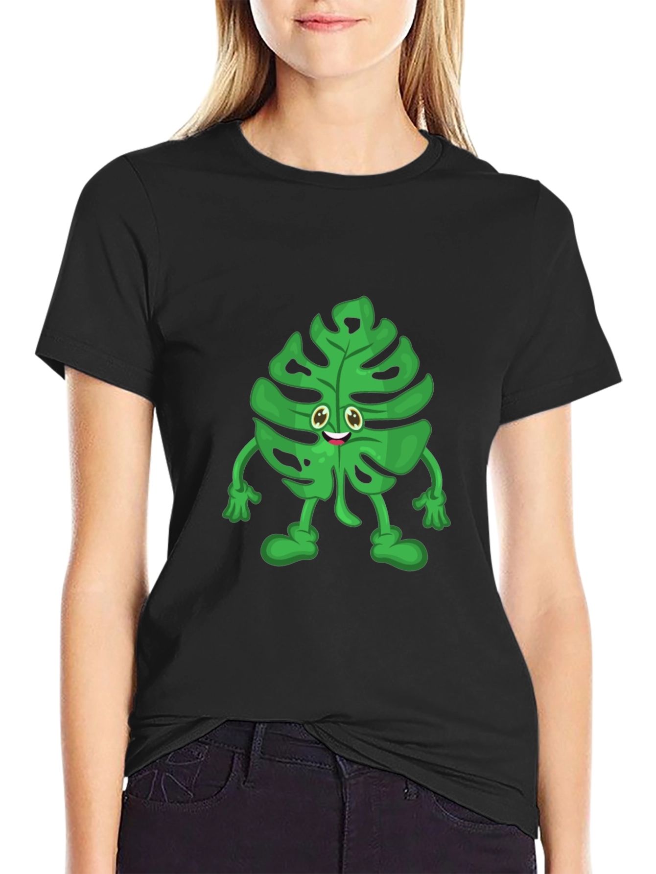 Black Funny Monstera Plant T-Shirt - Cute Cartoon Graphic Tee view 2