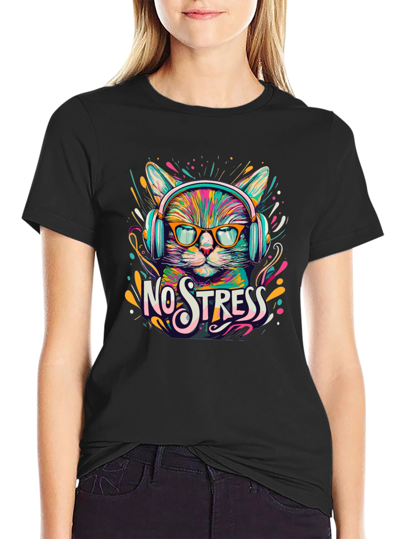 Black No Stress Cat T-Shirt view 2