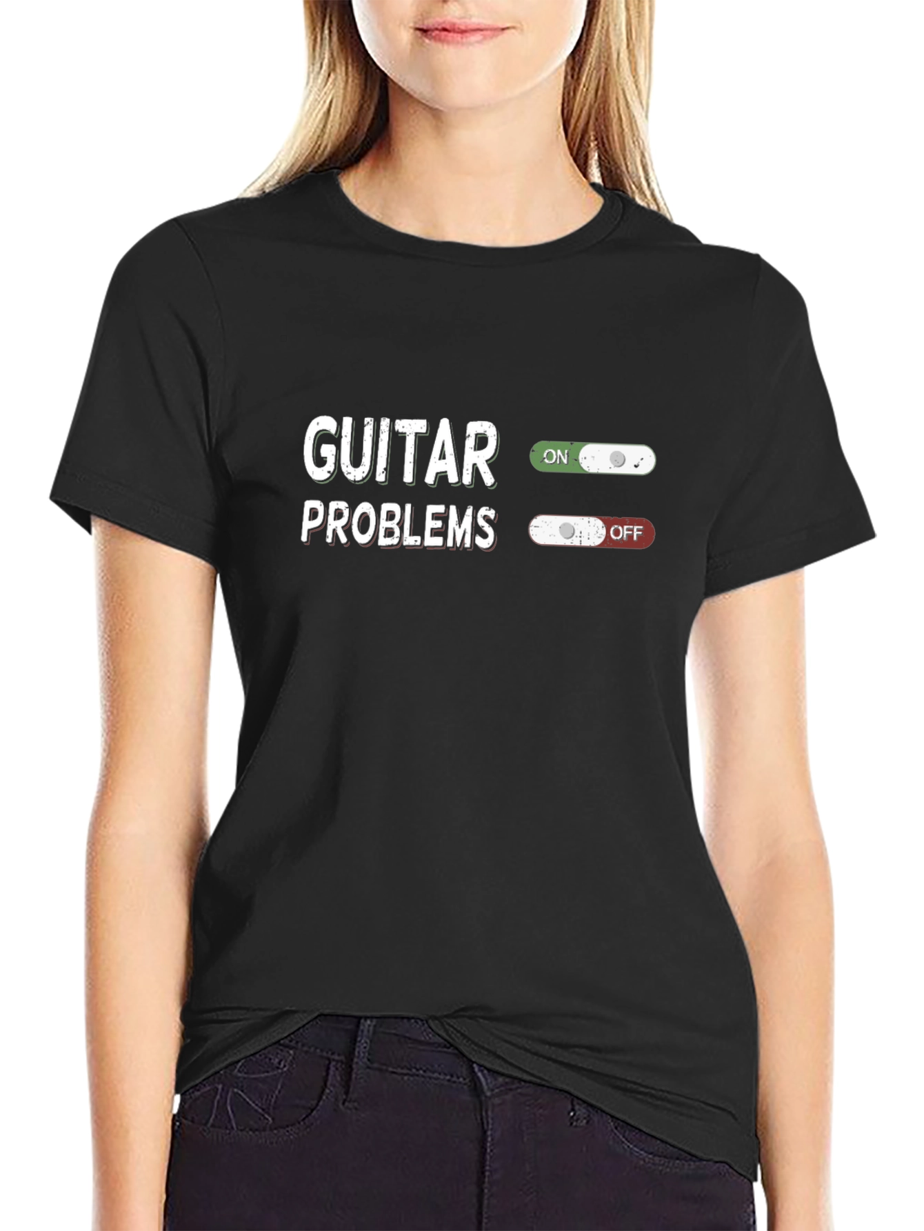 Black Guitar Problems On/Off T-Shirt - Musician Humor Tee view 2