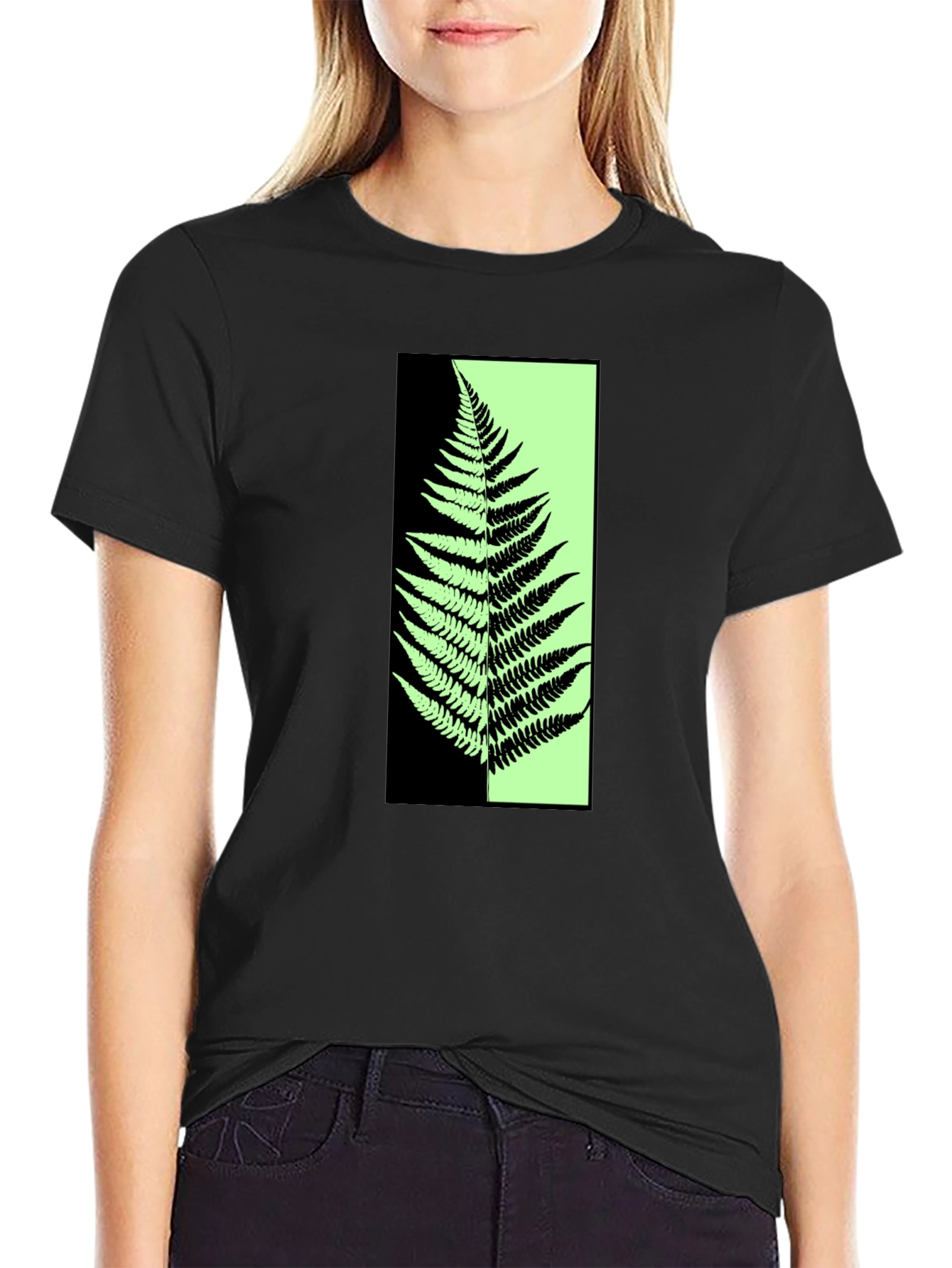 Black Abstract Fern Graphic Print Black T-Shirt view 2