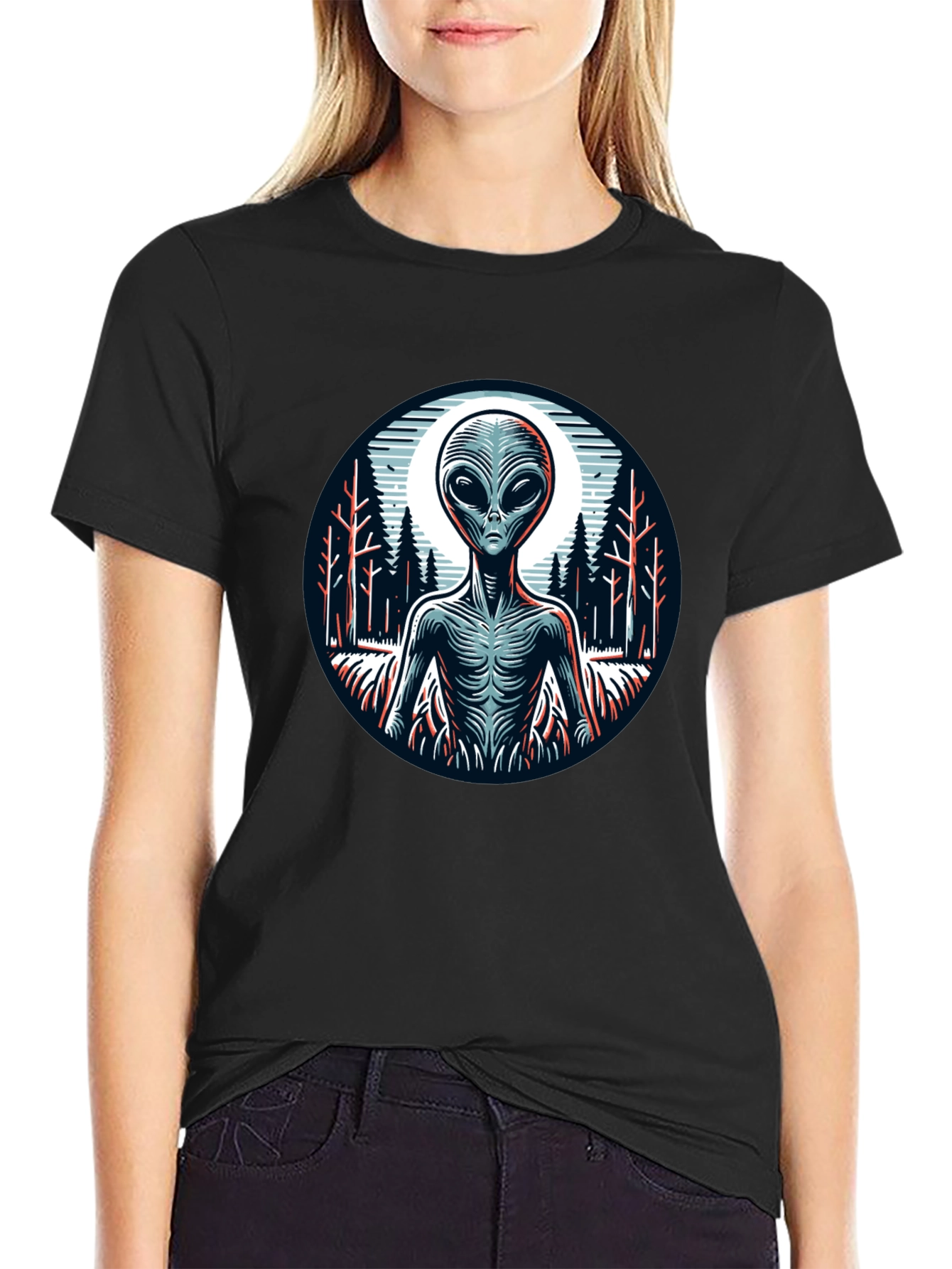 Black Alien Graphic Print Black T-Shirt view 2