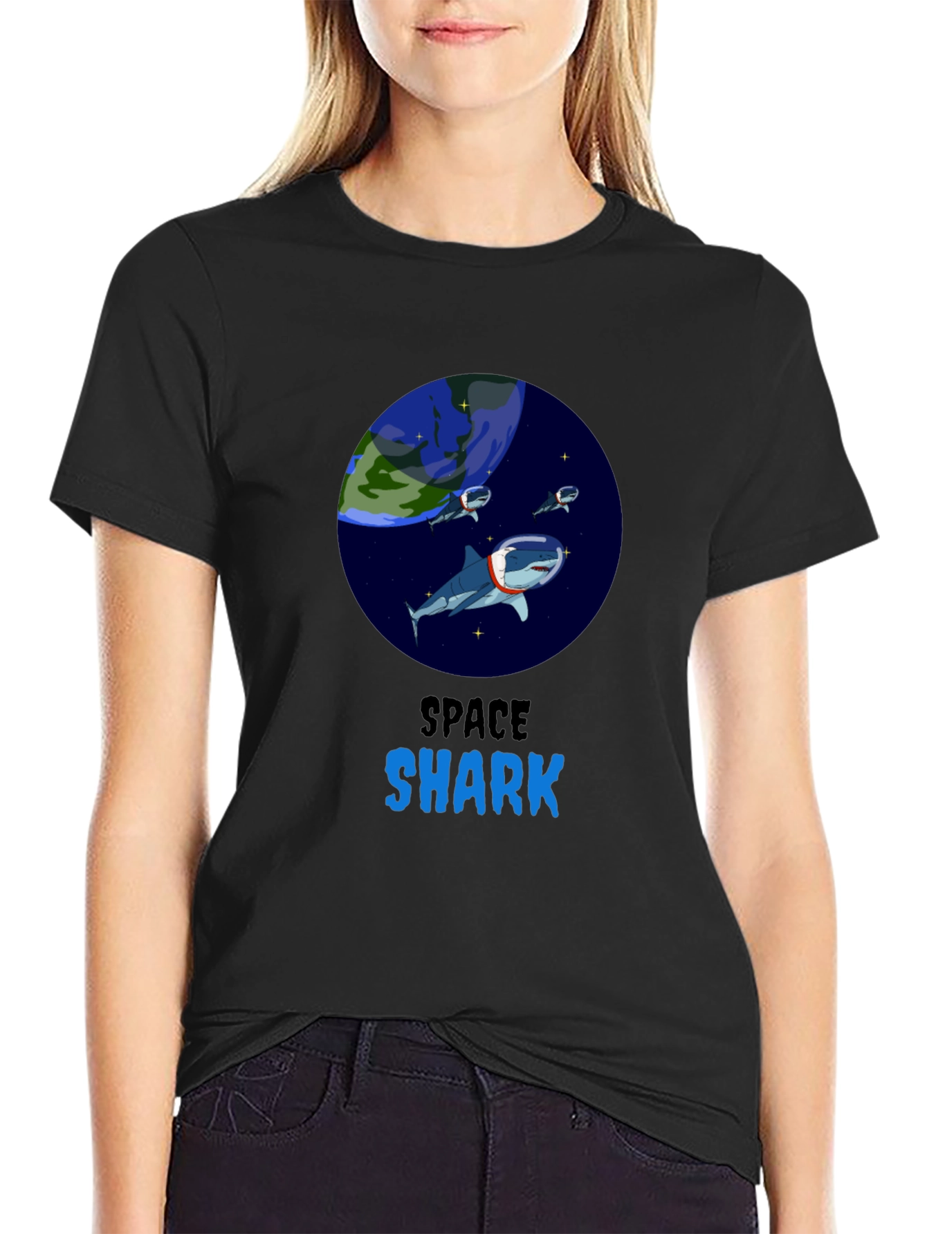 Black Space Shark Graphic T-Shirt view 2