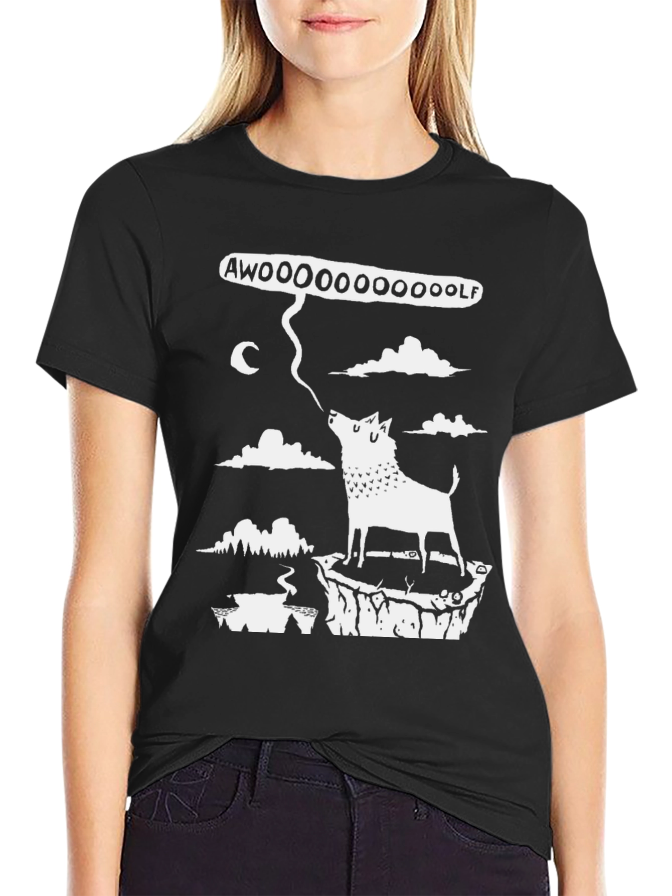 Black AWOOOOO WOLF Graphic Tee - Black Cotton T-Shirt view 2