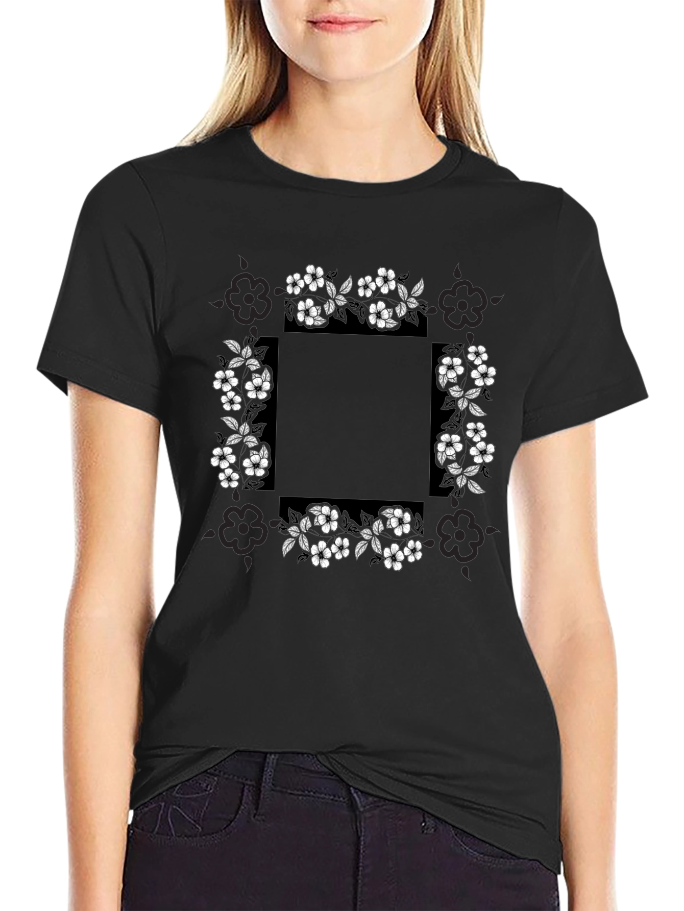 Black Floral Border Graphic Print T-Shirt view 2