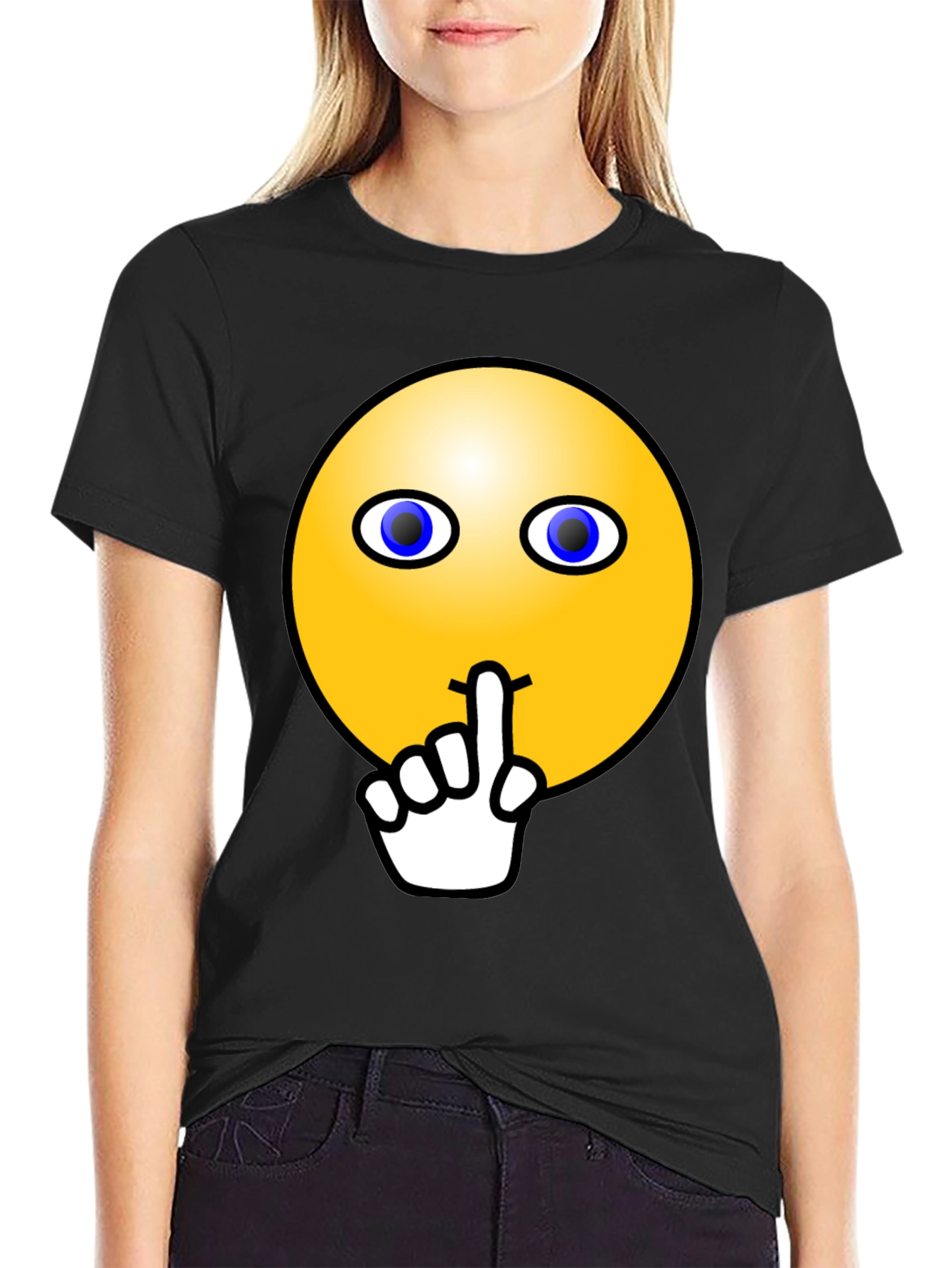 Black Shhh! Smiley Face Graphic Tee - Black Cotton T-Shirt view 2