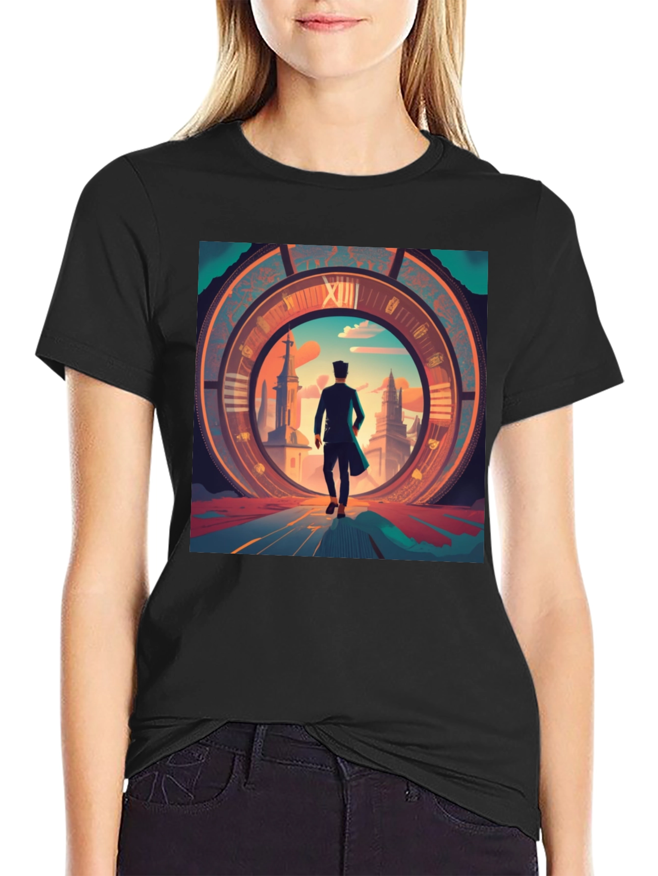 Black Time Traveler Graphic Tee - Black Cotton Blend Shirt view 2