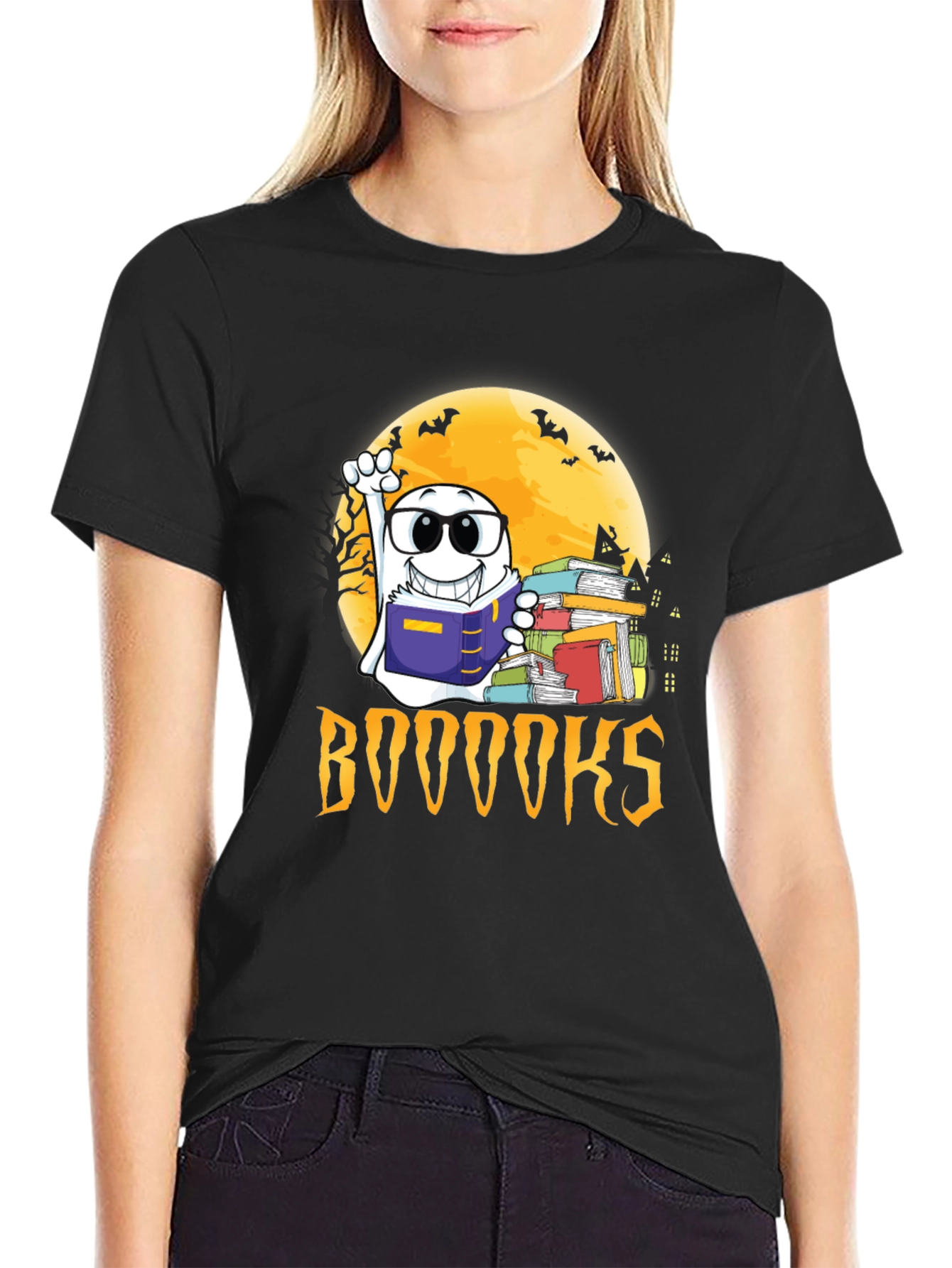 Black Halloween Ghost Reading BOOOOOKS T-Shirt view 2