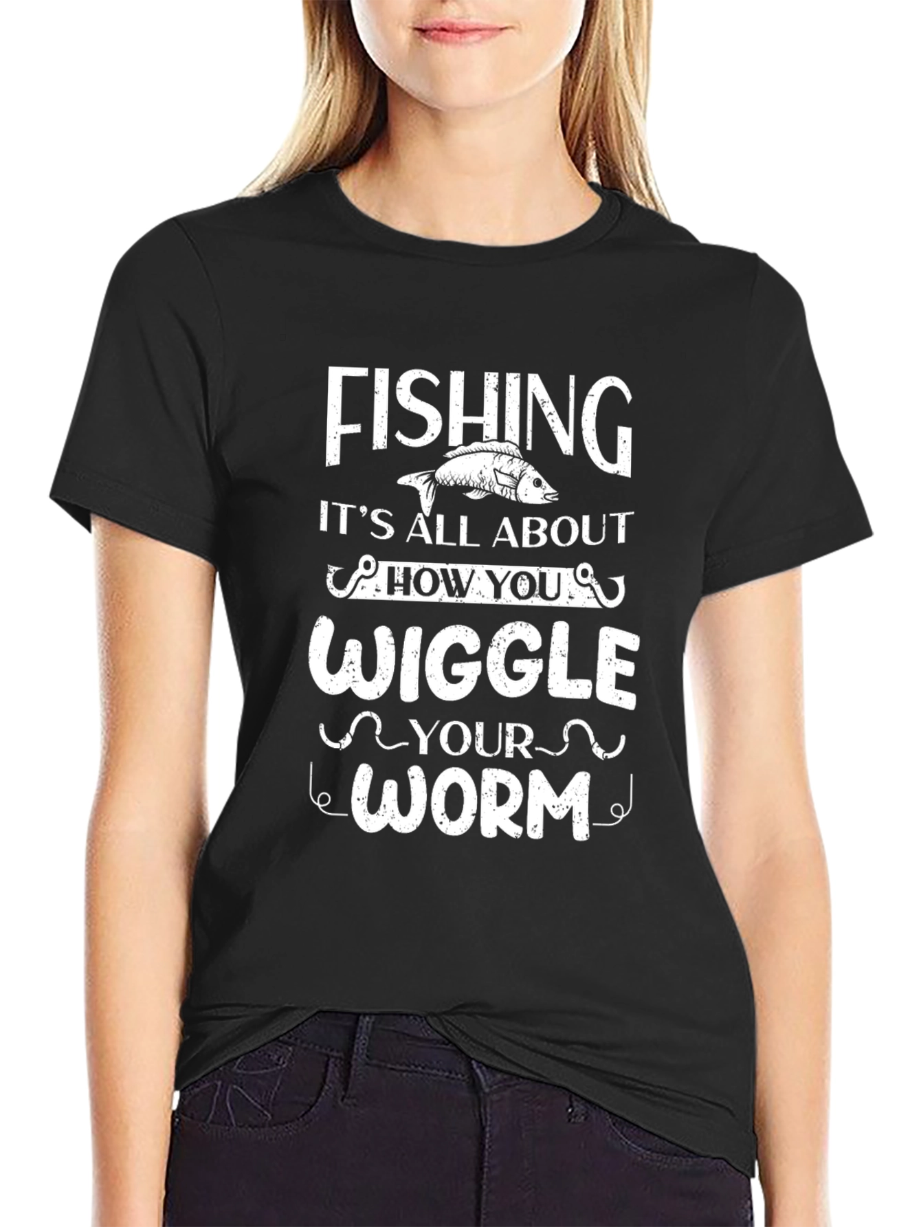 Black Fishing Wiggle Your Worm T-Shirt view 2