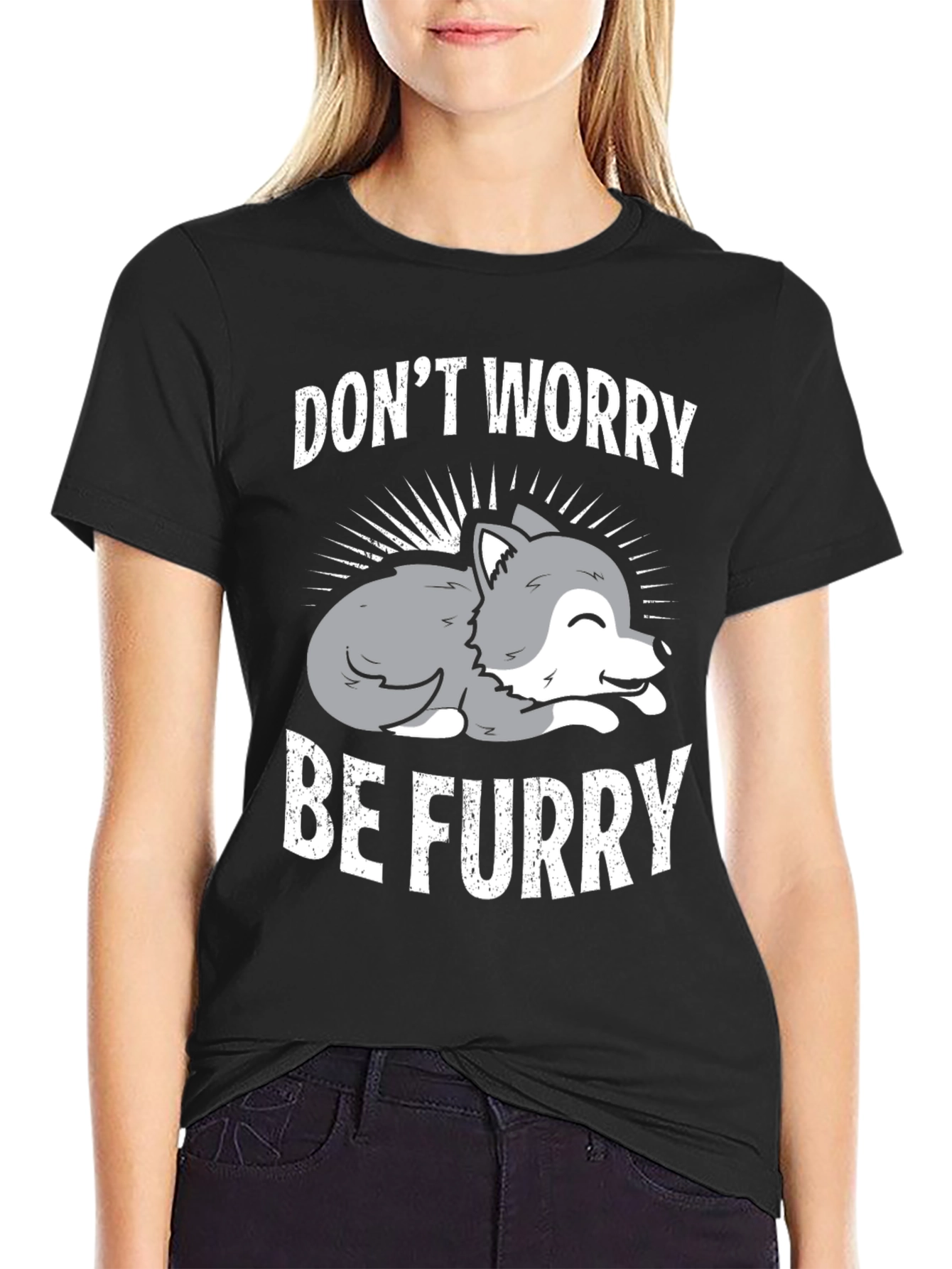 Black Don't Worry Be Furry Graphic T-Shirt view 2