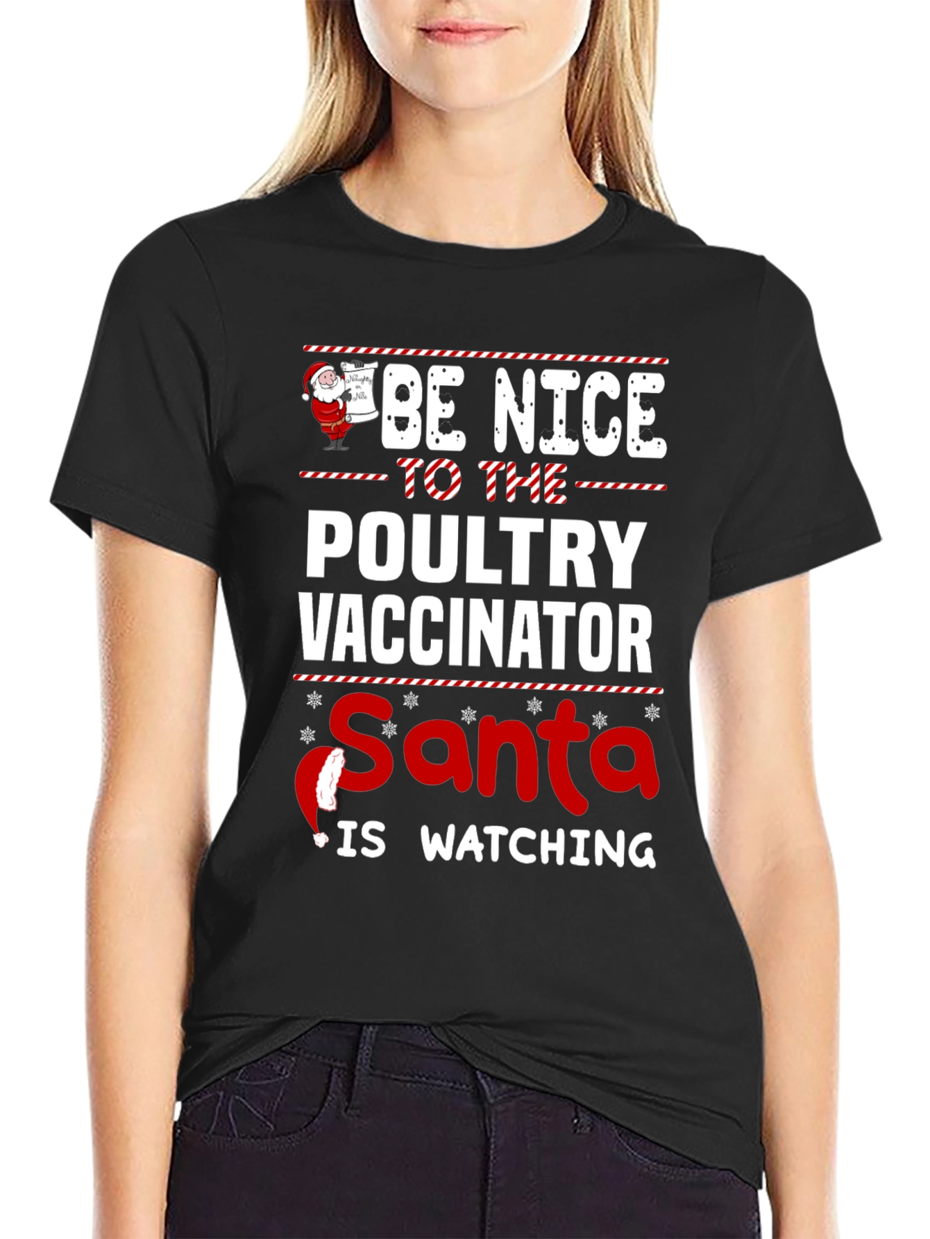 Black Be Nice to the Poultry Vaccinator Santa T-Shirt view 2