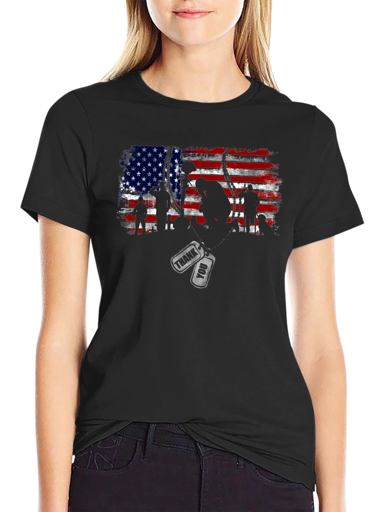 Black Patriotic US Flag Veteran Thank You T-Shirt view 2