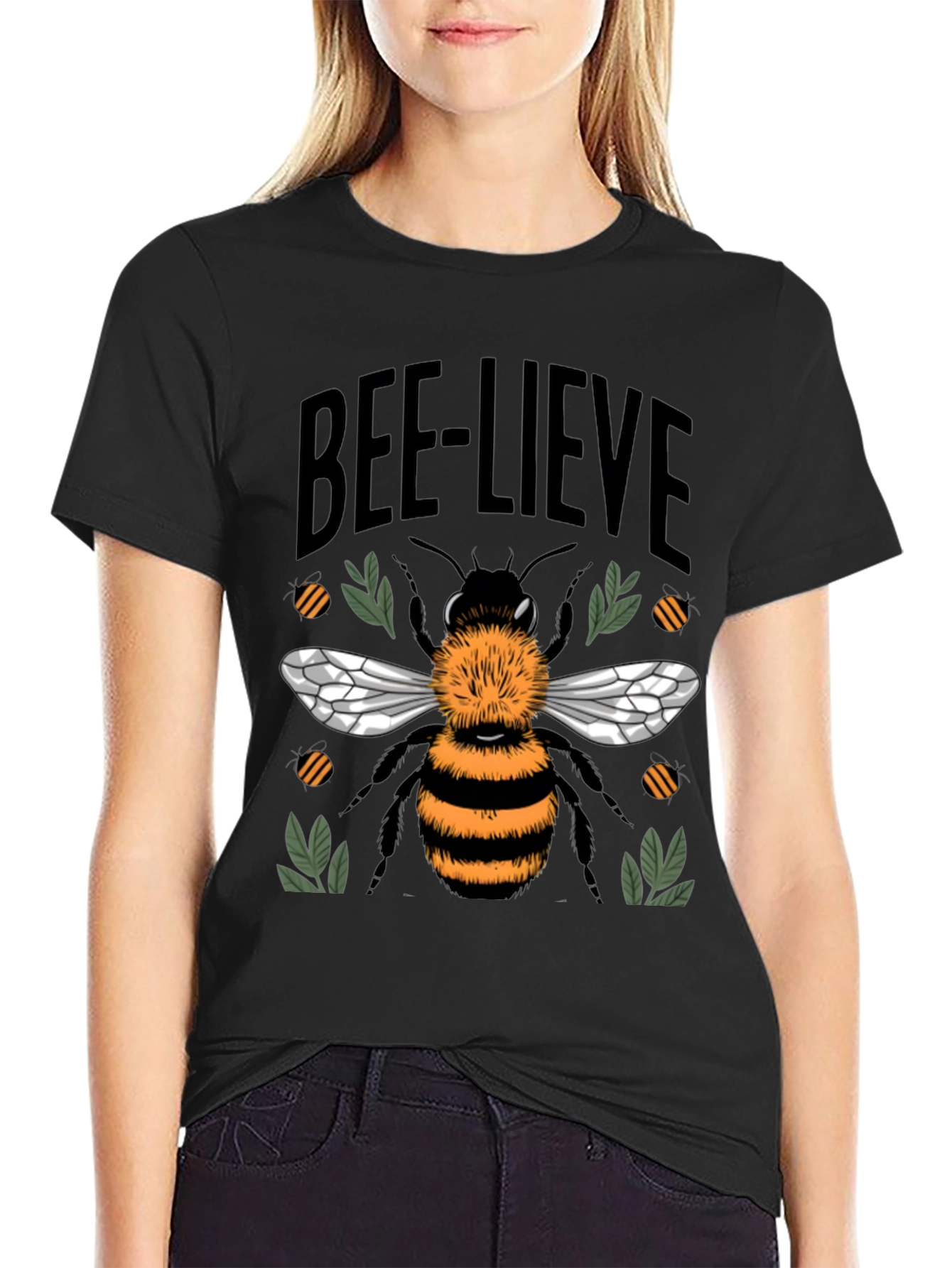 Black Bee-lieve Graphic Tee - Black Cotton T-Shirt view 2