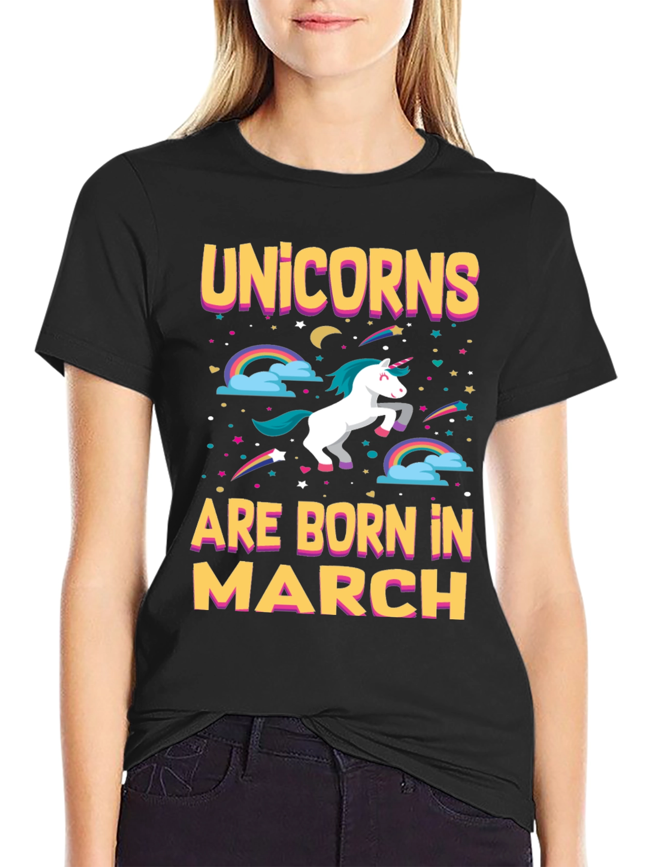 Black Unicorns Born in March T-Shirt view 2