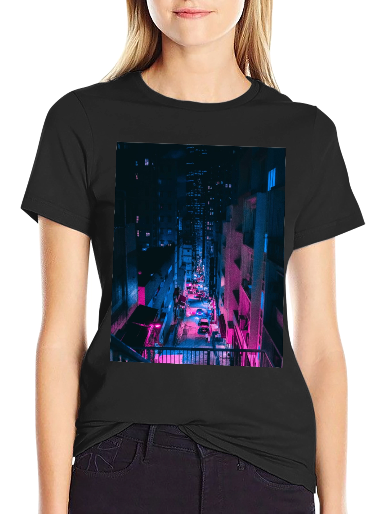 Black Cyberpunk Cityscape Black T-Shirt view 2