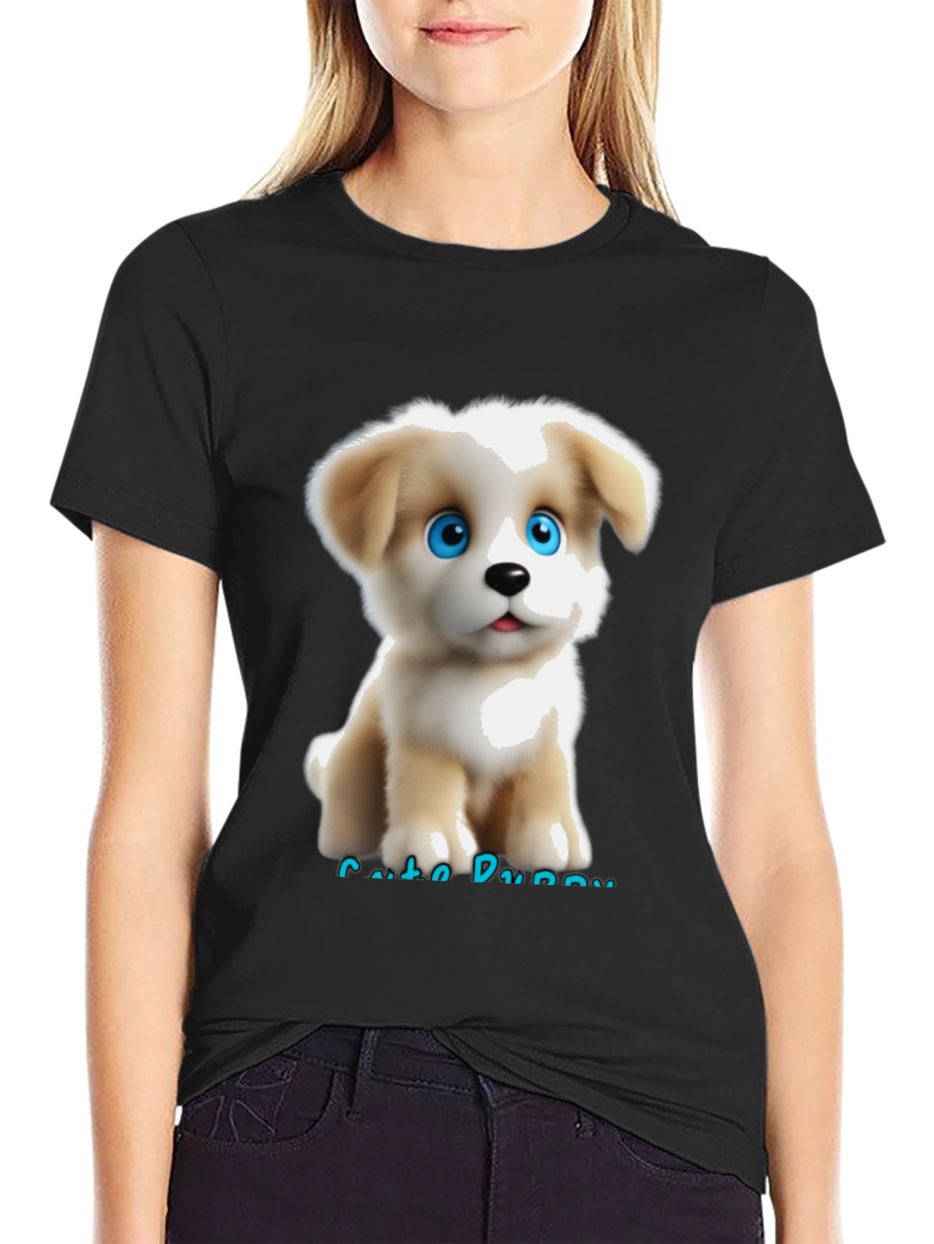 Black Cute Puppy Graphic T-Shirt view 2