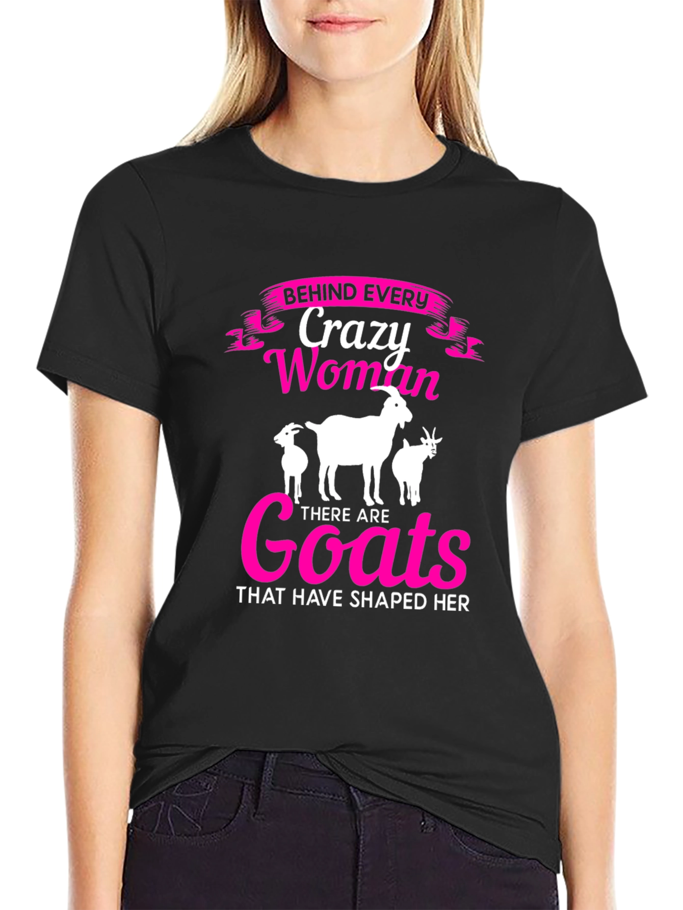 Black Crazy Woman Goats T-Shirt - Black view 2