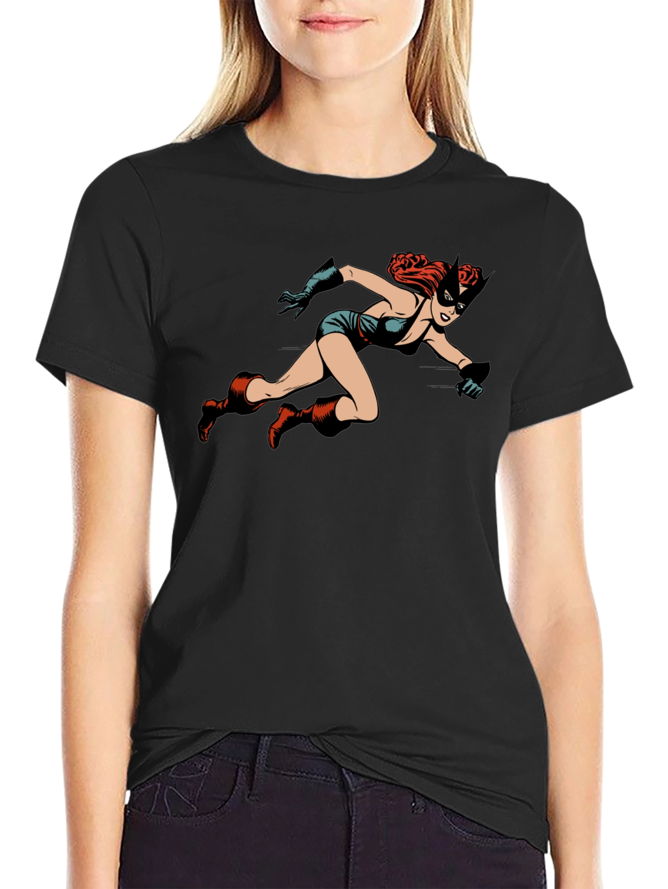 Black Retro Comic Book Heroine Black T-Shirt view 2