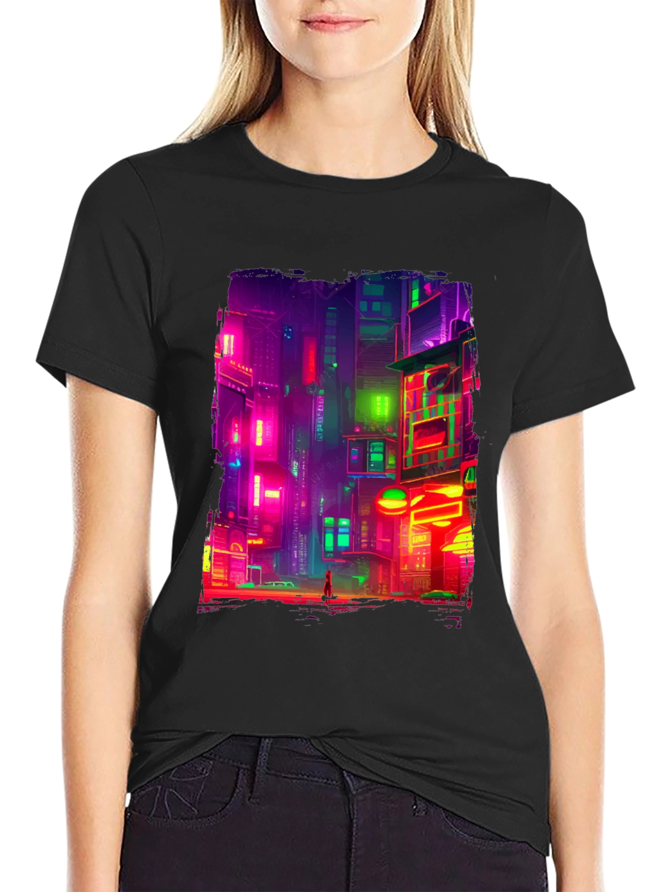 Black Cyberpunk Cityscape Graphic Tee view 2