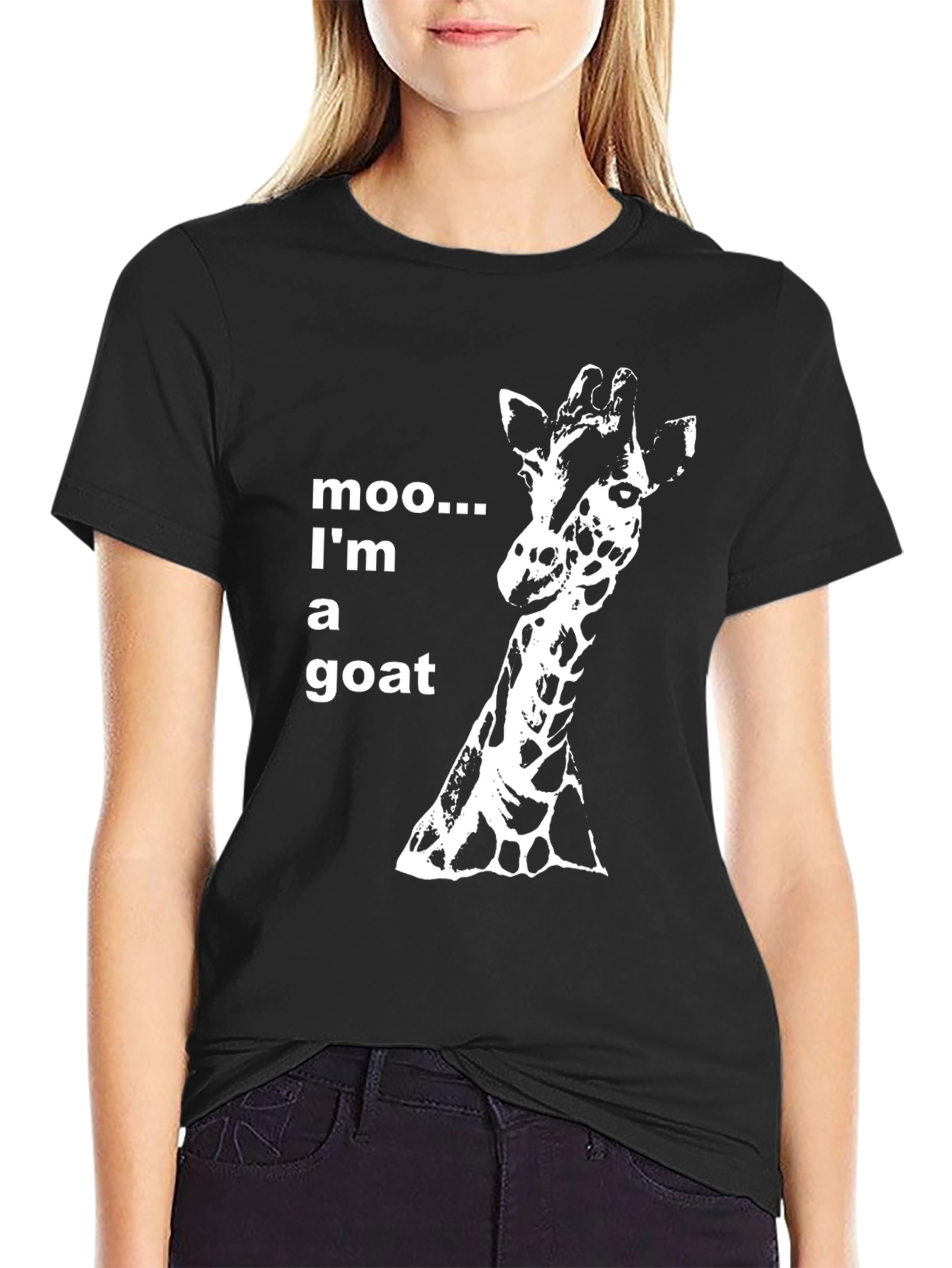 Black Funny Giraffe T-Shirt - Moo I'm a Goat Black Tee view 2