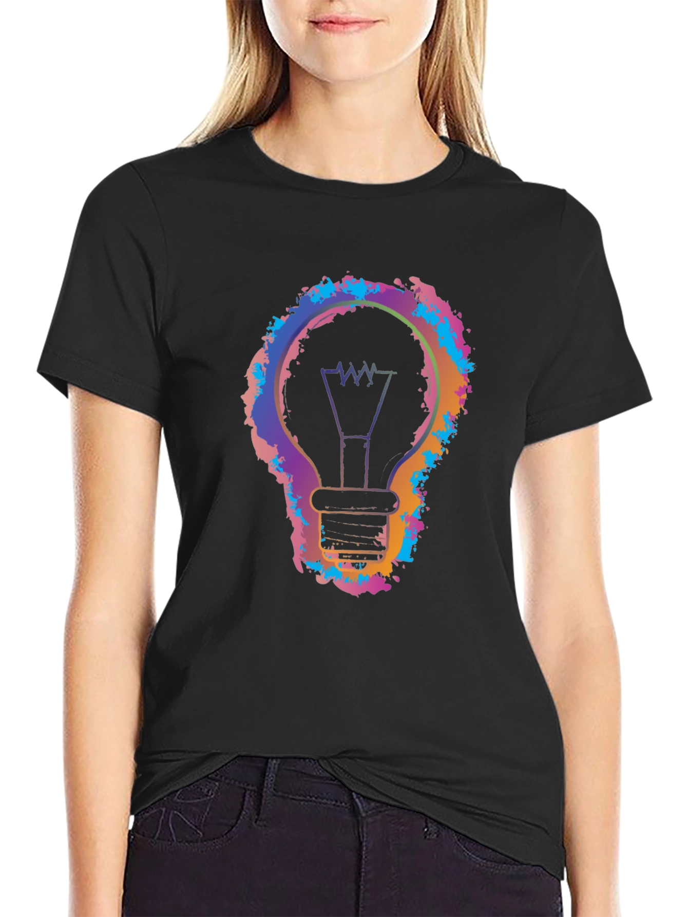 Black Colorful Light Bulb Graphic Black T-Shirt view 2