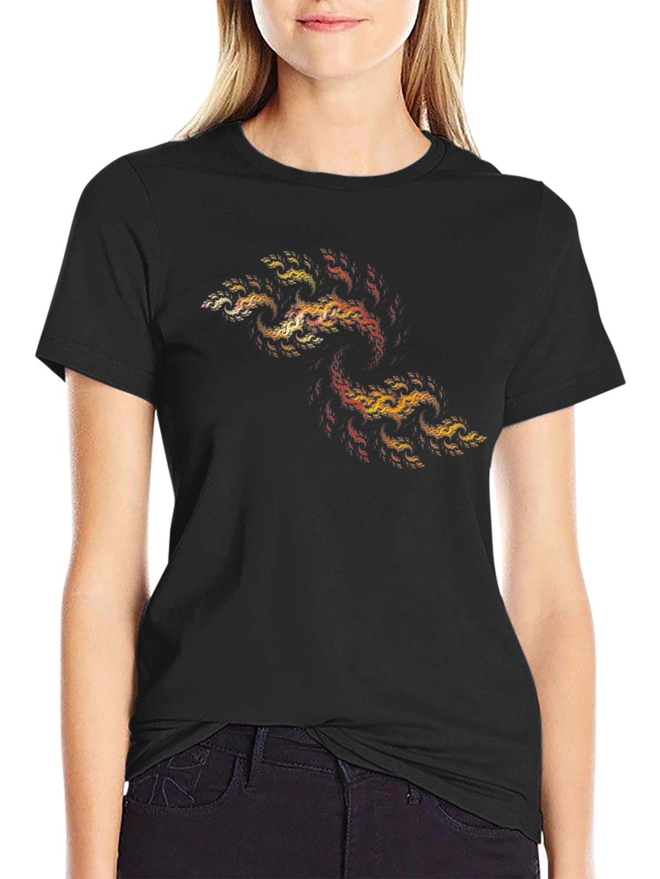 Black Abstract Fractal Fire T-Shirt - Black Cotton Tee view 2