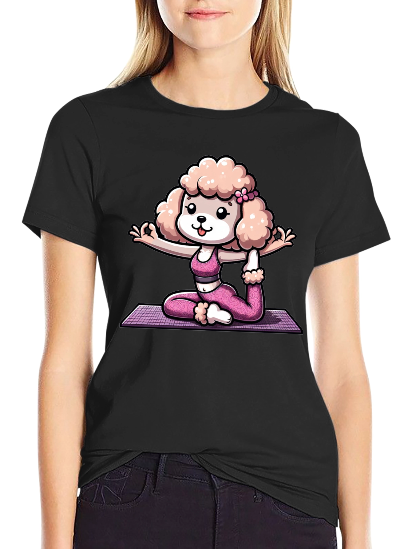 Black Yoga Poodle Graphic Tee - Unisex Cotton T-Shirt view 2