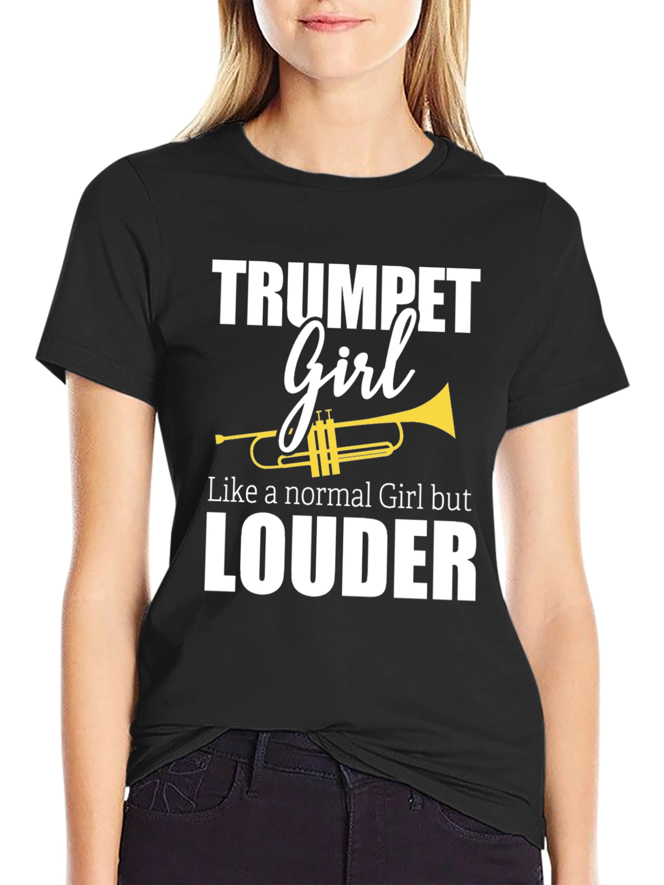 Black Trumpet Girl T-Shirt - Loud & Proud Musician Tee view 2