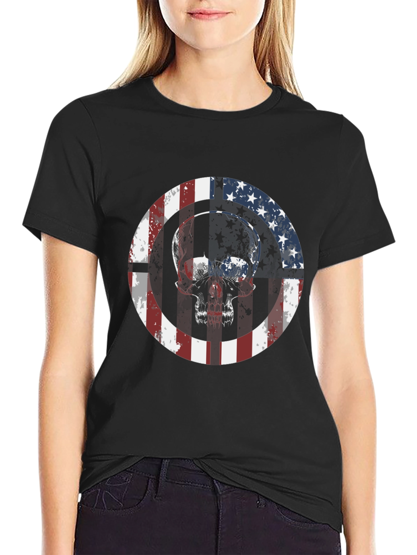 Black American Flag Skull Graphic Tee view 2