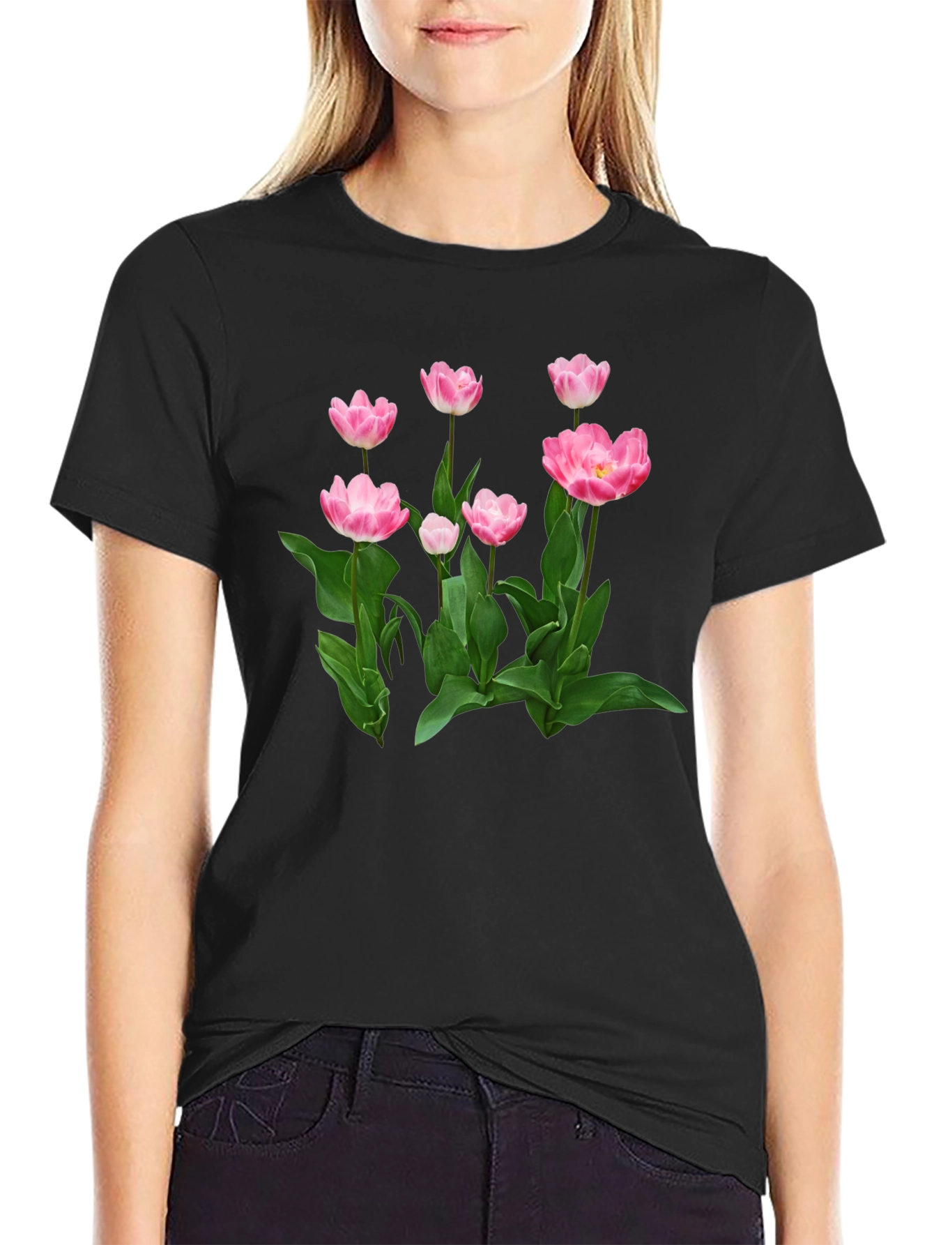 Black Floral Print T-Shirt - Pink Tulip Design view 2