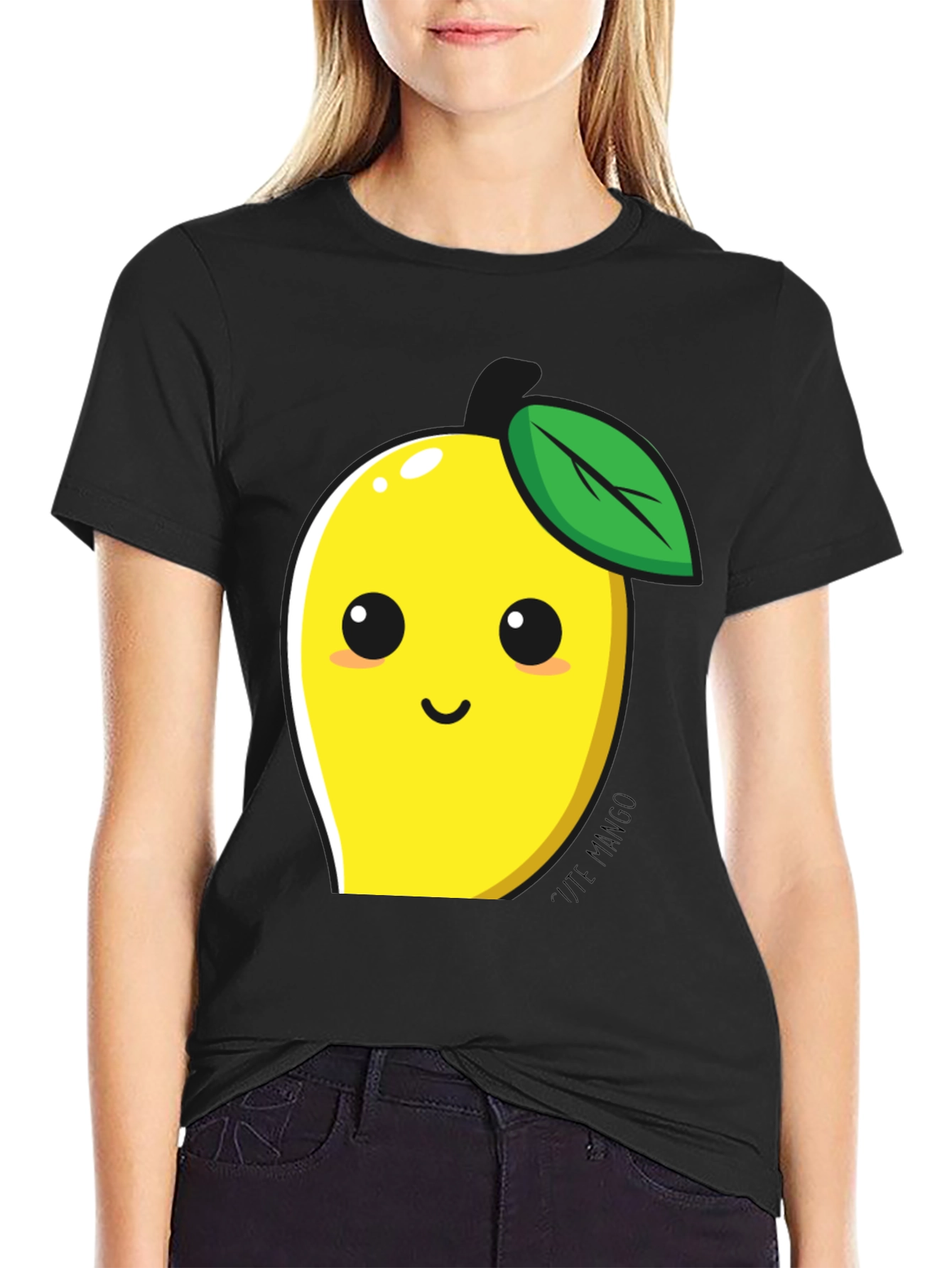 Black Cute Mango Graphic T-Shirt - Black Cotton Blend view 2