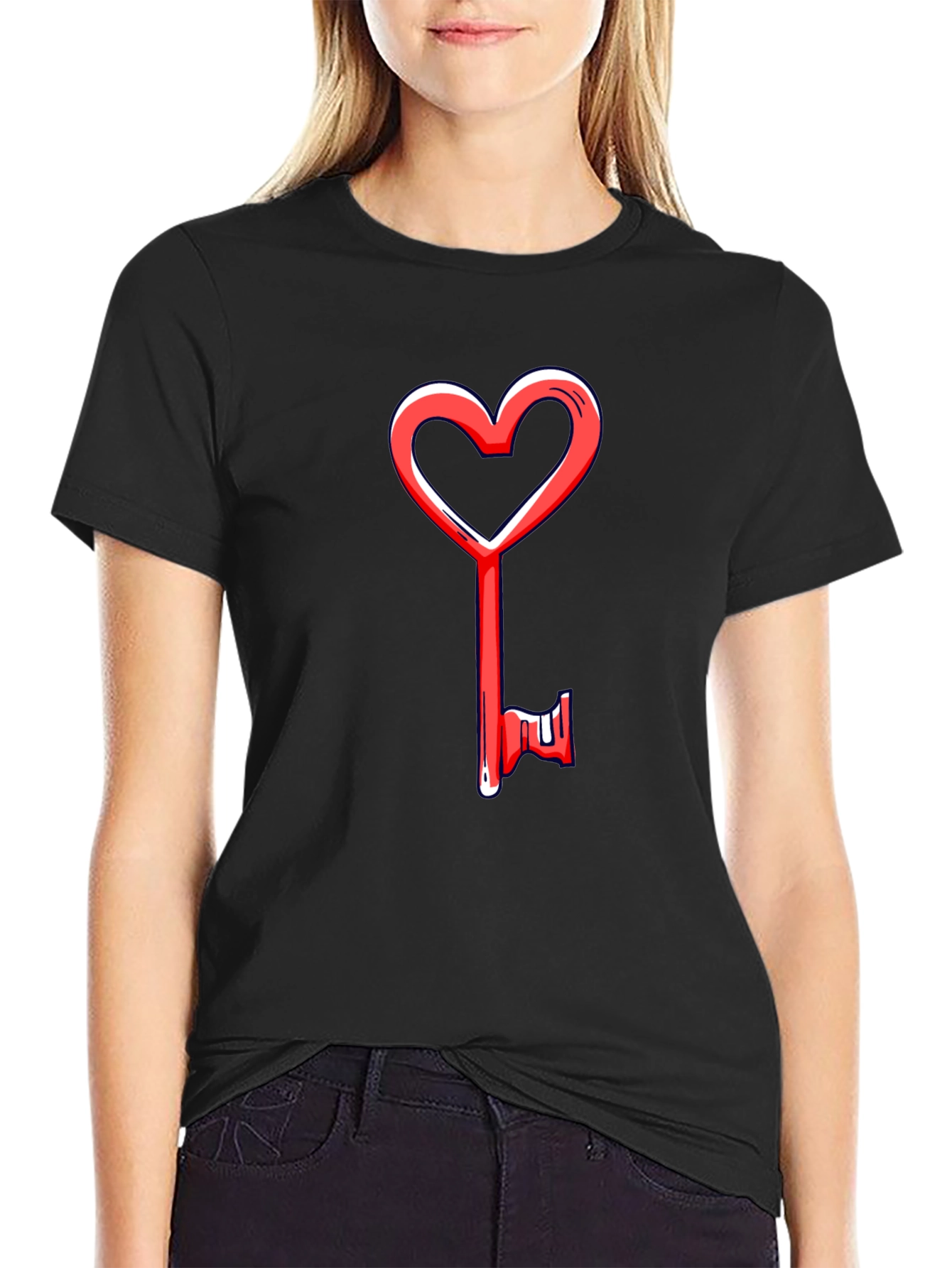 Black Heart Key Graphic Tee - Black Cotton Casual view 2