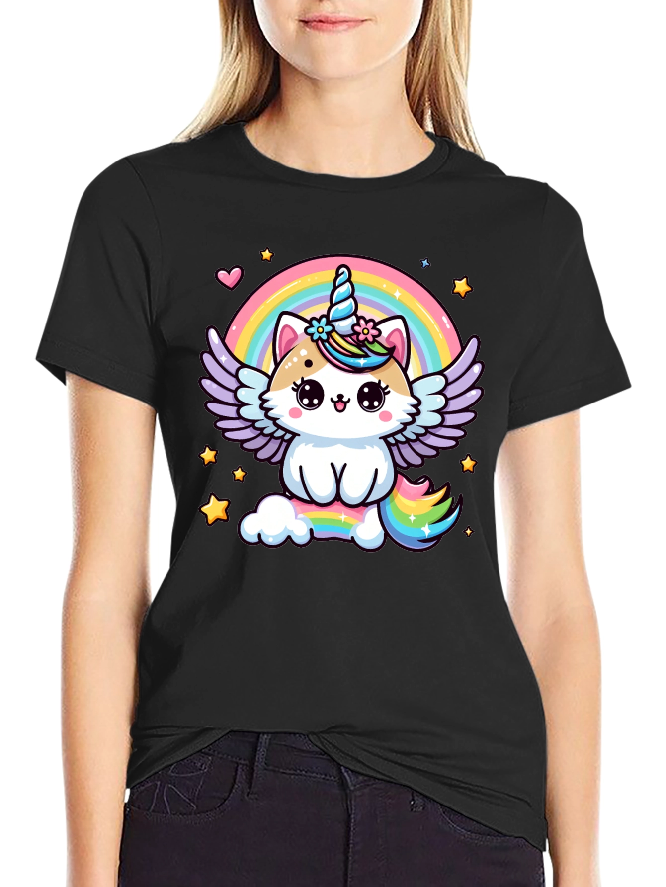 Black Unicorn Cat Rainbow T-Shirt view 2