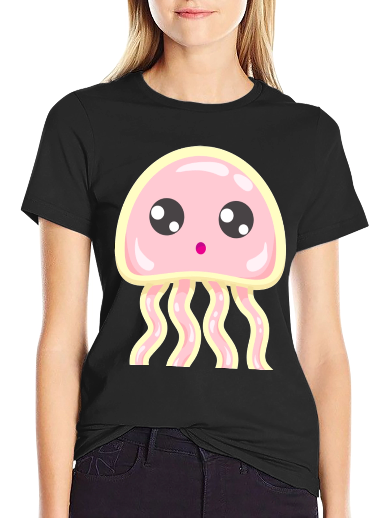 Black Cute Jellyfish Graphic Tee - Black Cotton Shirt view 2