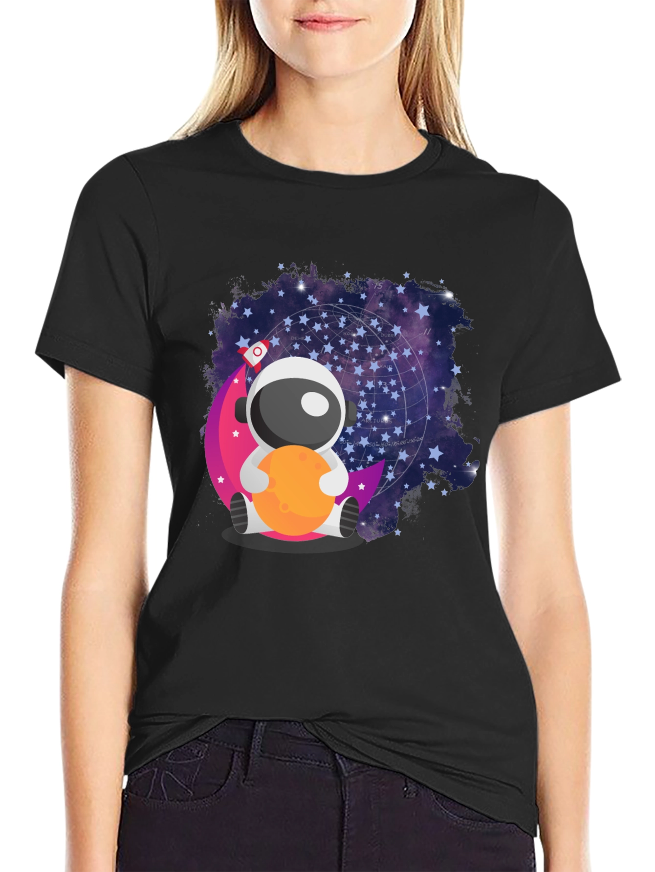 Black Cute Astronaut Moon T-Shirt - Space Lover's Tee view 2