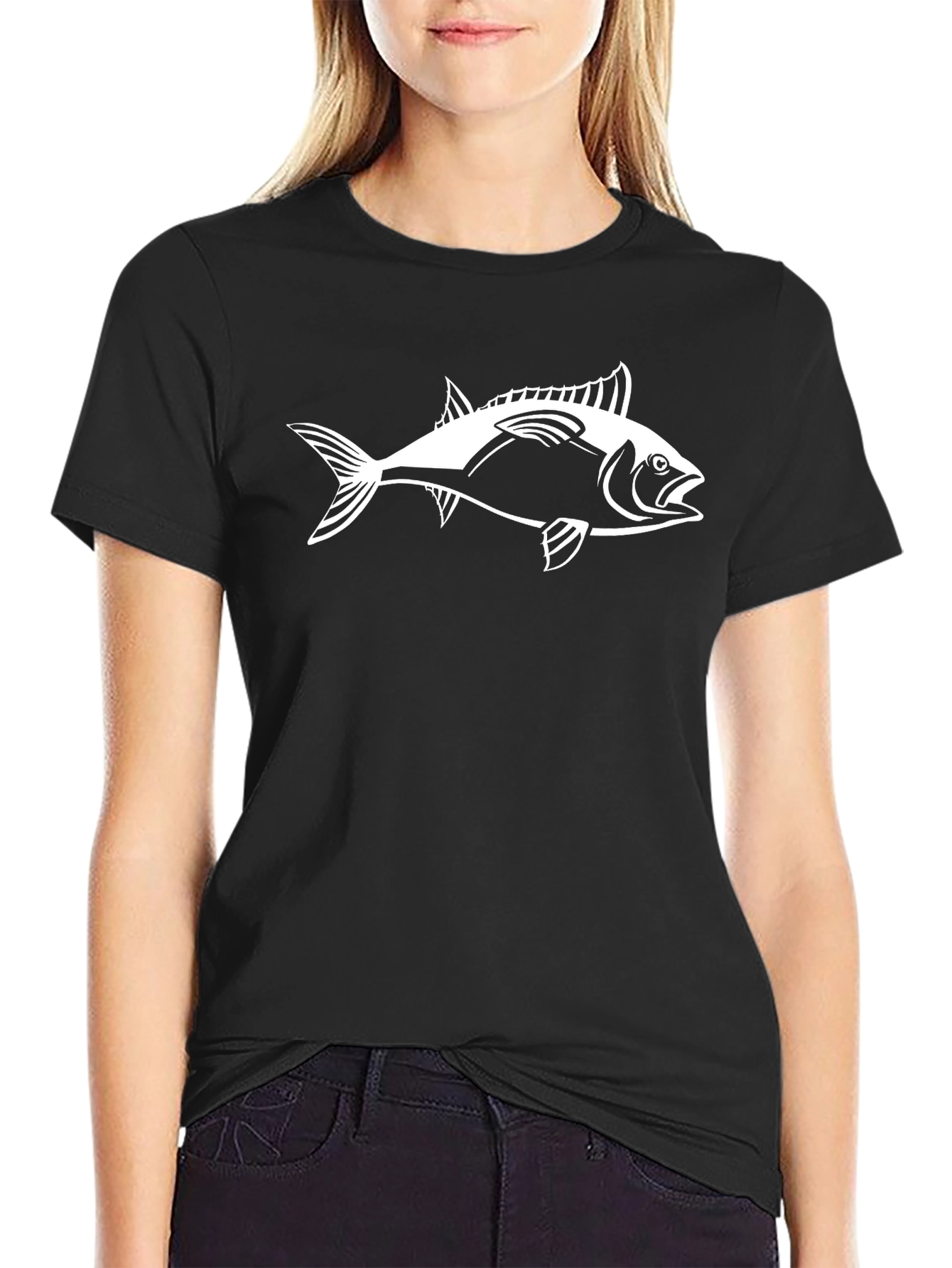 Black Black T-Shirt with White Fish Graphic view 2