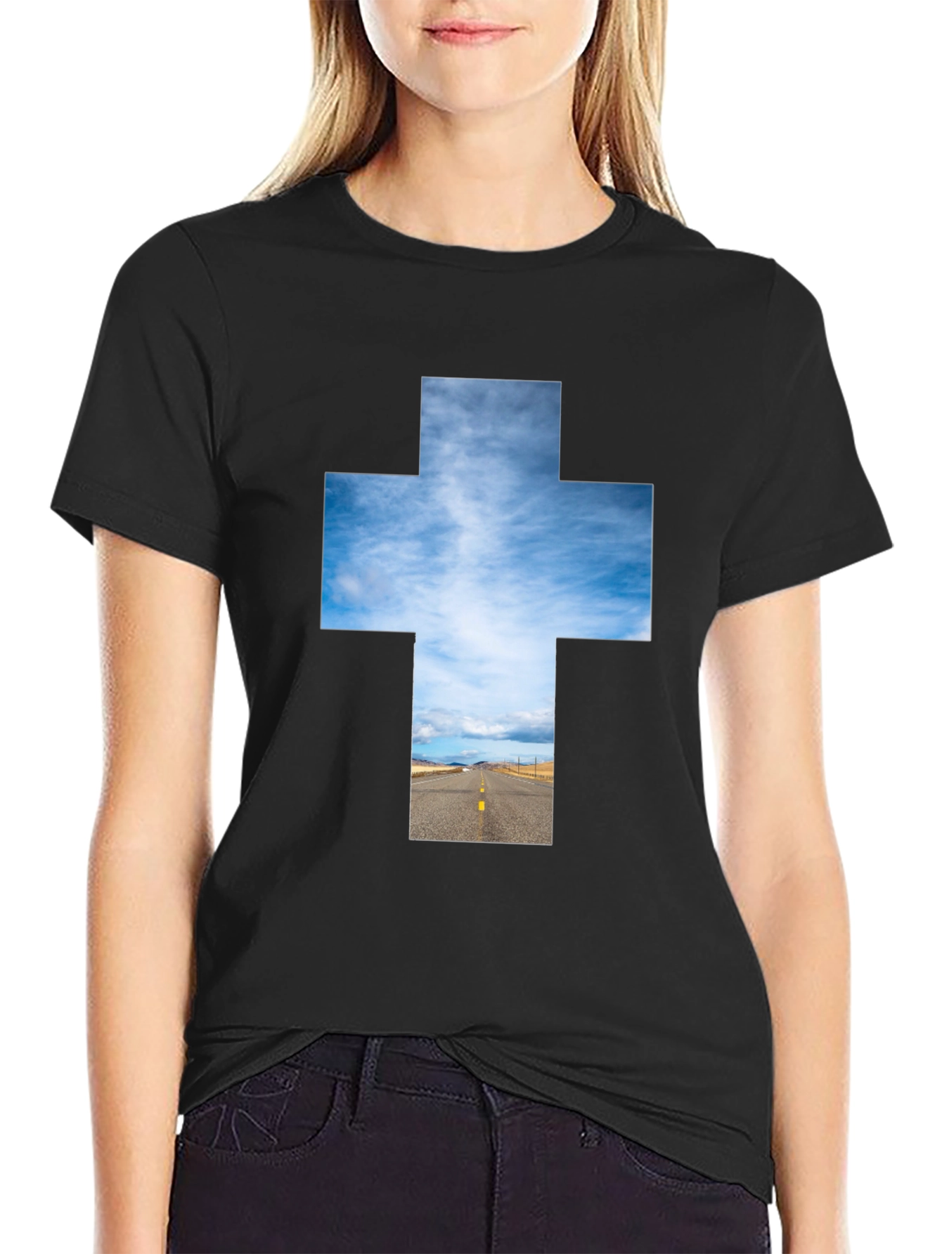 Black Sky Road Cross Graphic Tee - Unisex Black T-Shirt view 2