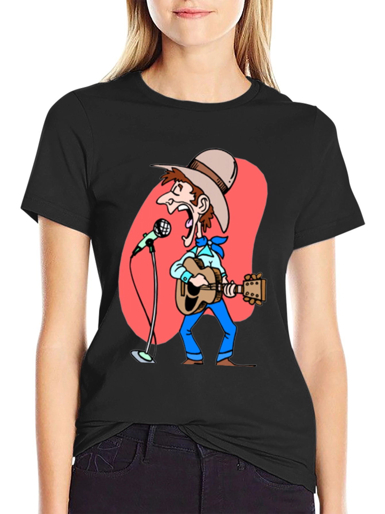 Black Cartoon Cowboy T-Shirt - Guitar & Microphone Graphic view 2