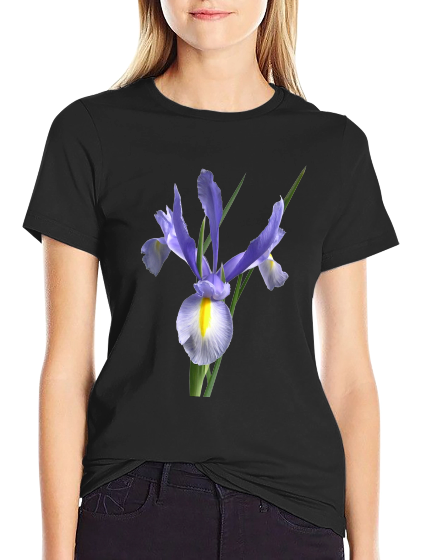 Black Floral Iris Graphic Print Black T-Shirt view 2