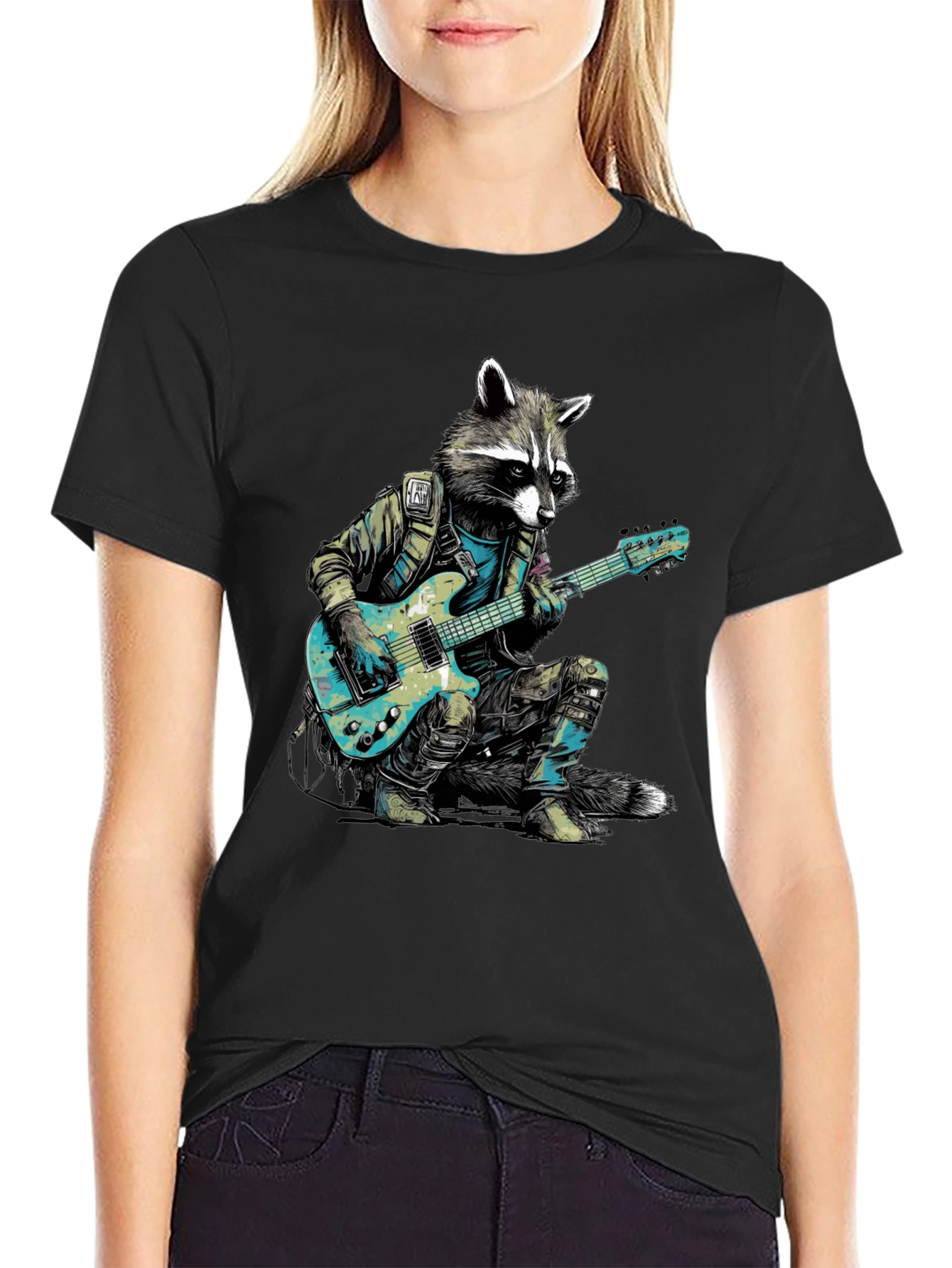 Black Raccoon Rocker Graphic Tee - Cool Animal Guitar T-Shirt view 2