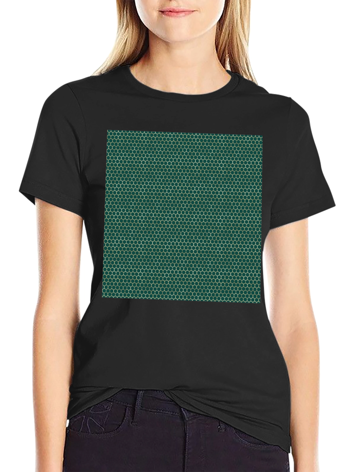 Black Geometric Hexagon Pattern Black T-Shirt view 2
