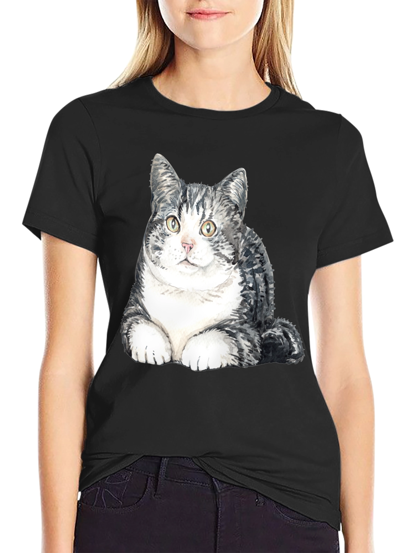 Black Cute Cat Graphic T-Shirt - Soft Cotton Blend view 2